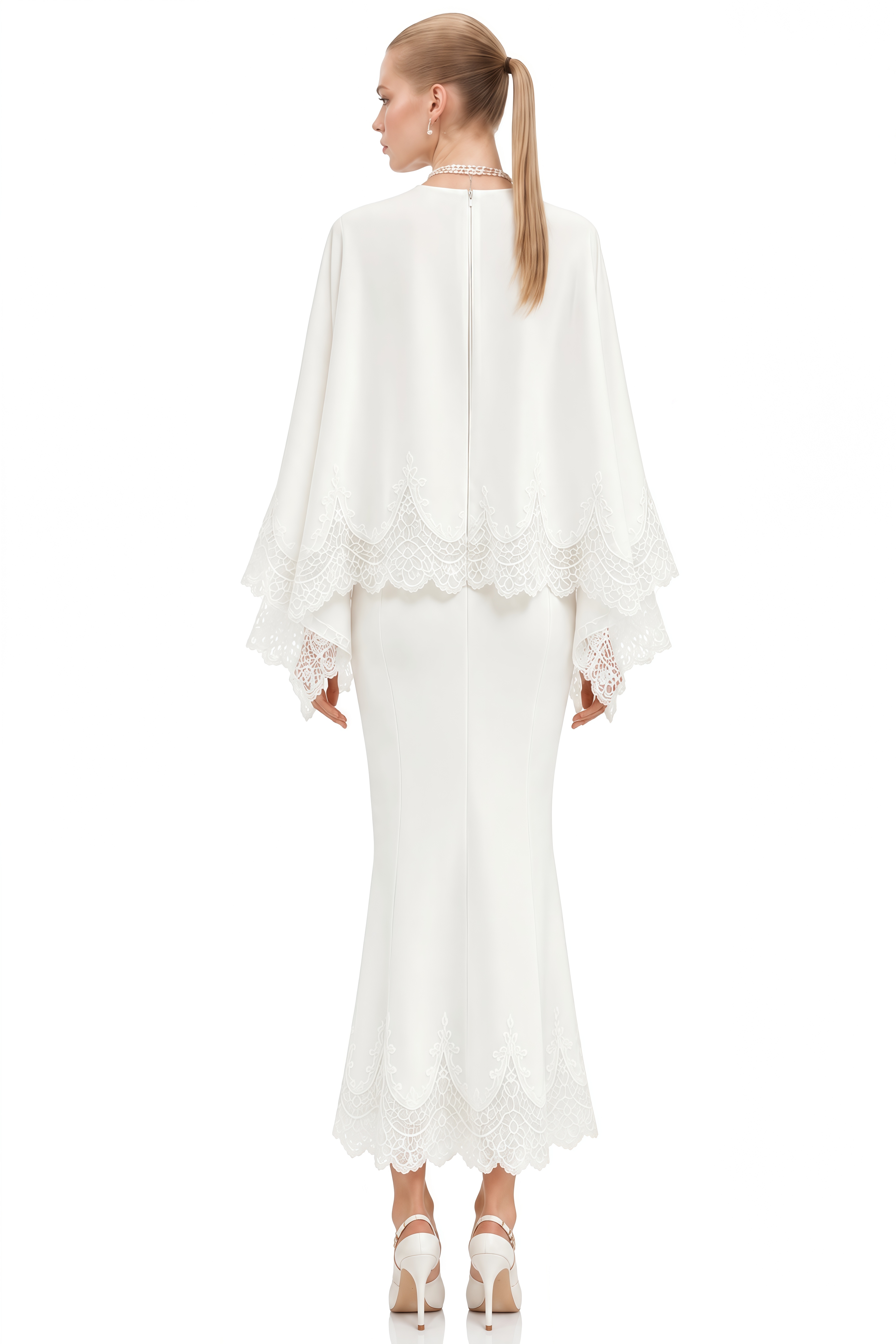 Amelia White Round Neck Lace-Hem Blouse & Skirt Set