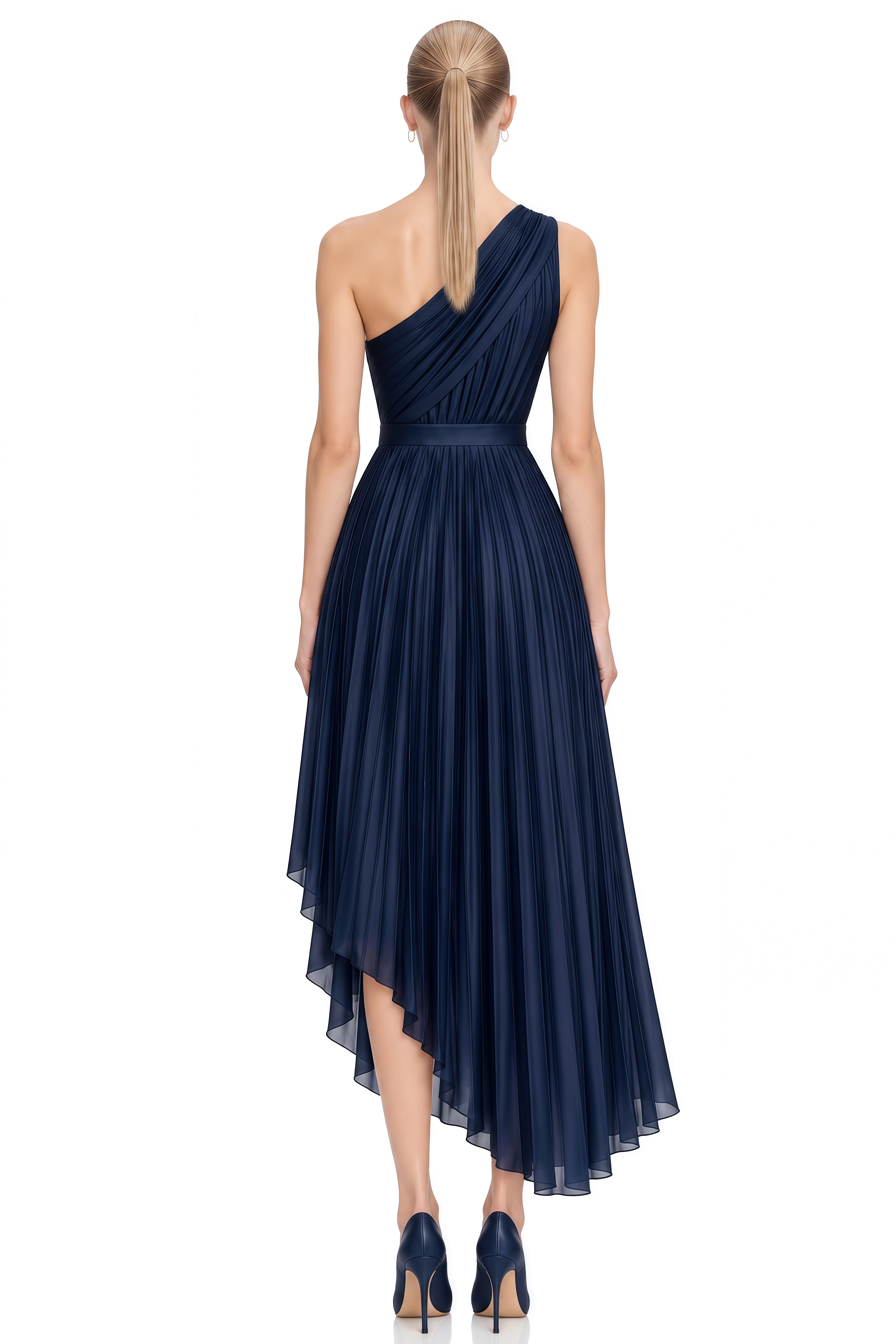 Margaux Navy Asymmetrical Draped Midi Dress
