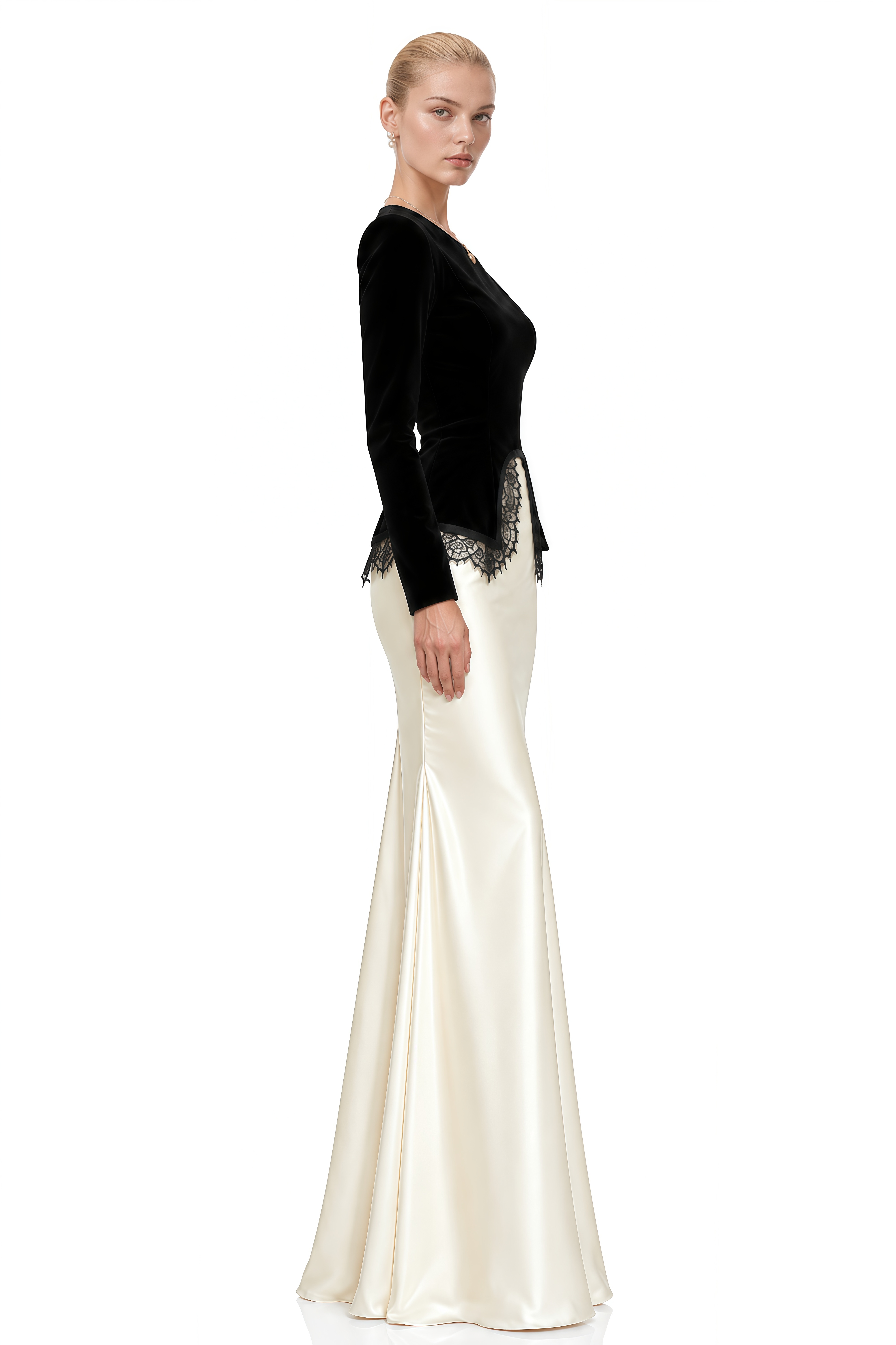 Lily Black Round Neck Lace Top & Skirt Set
