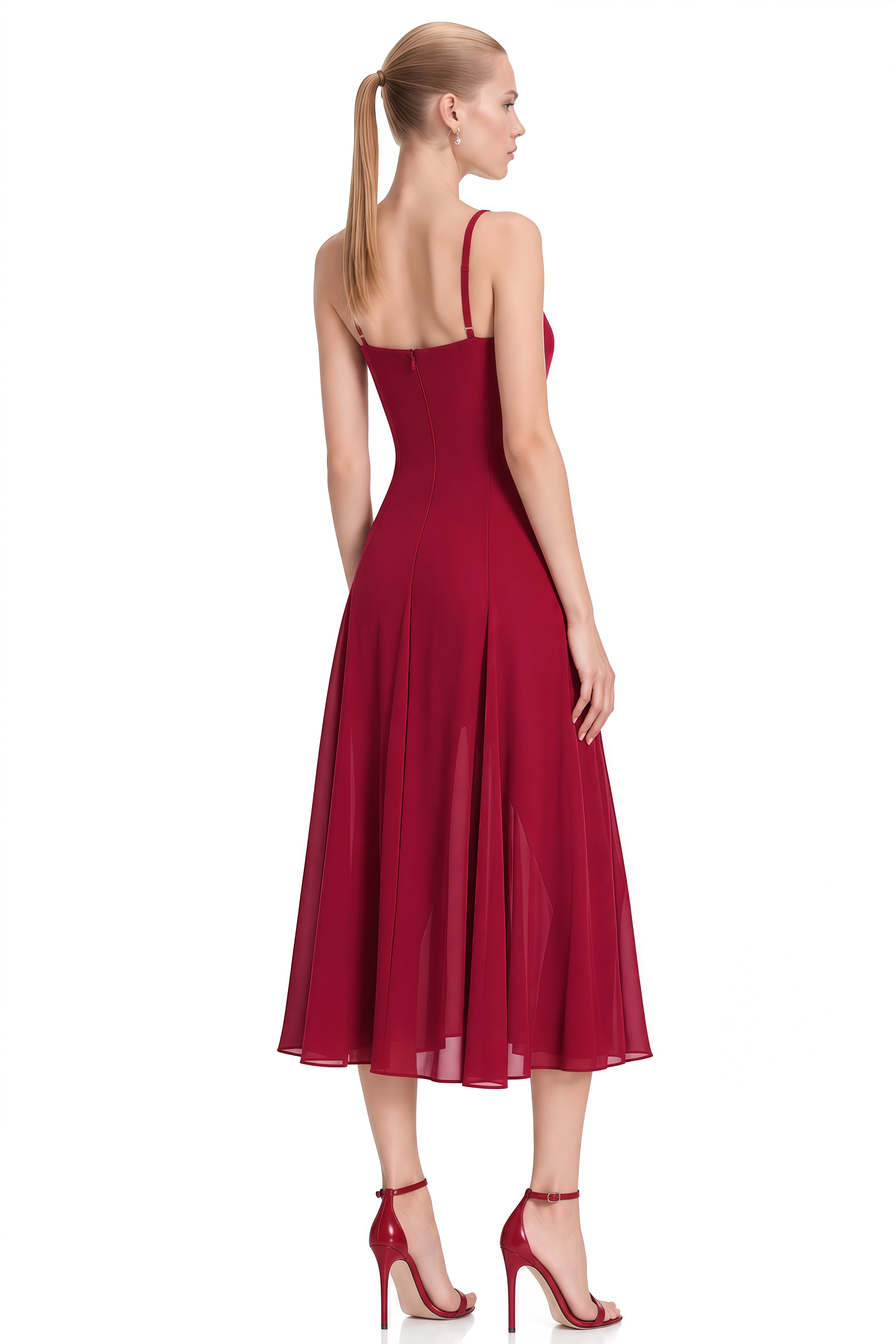 Ophelia Burgundy Ruffled Trim V-Neck Midi Dress