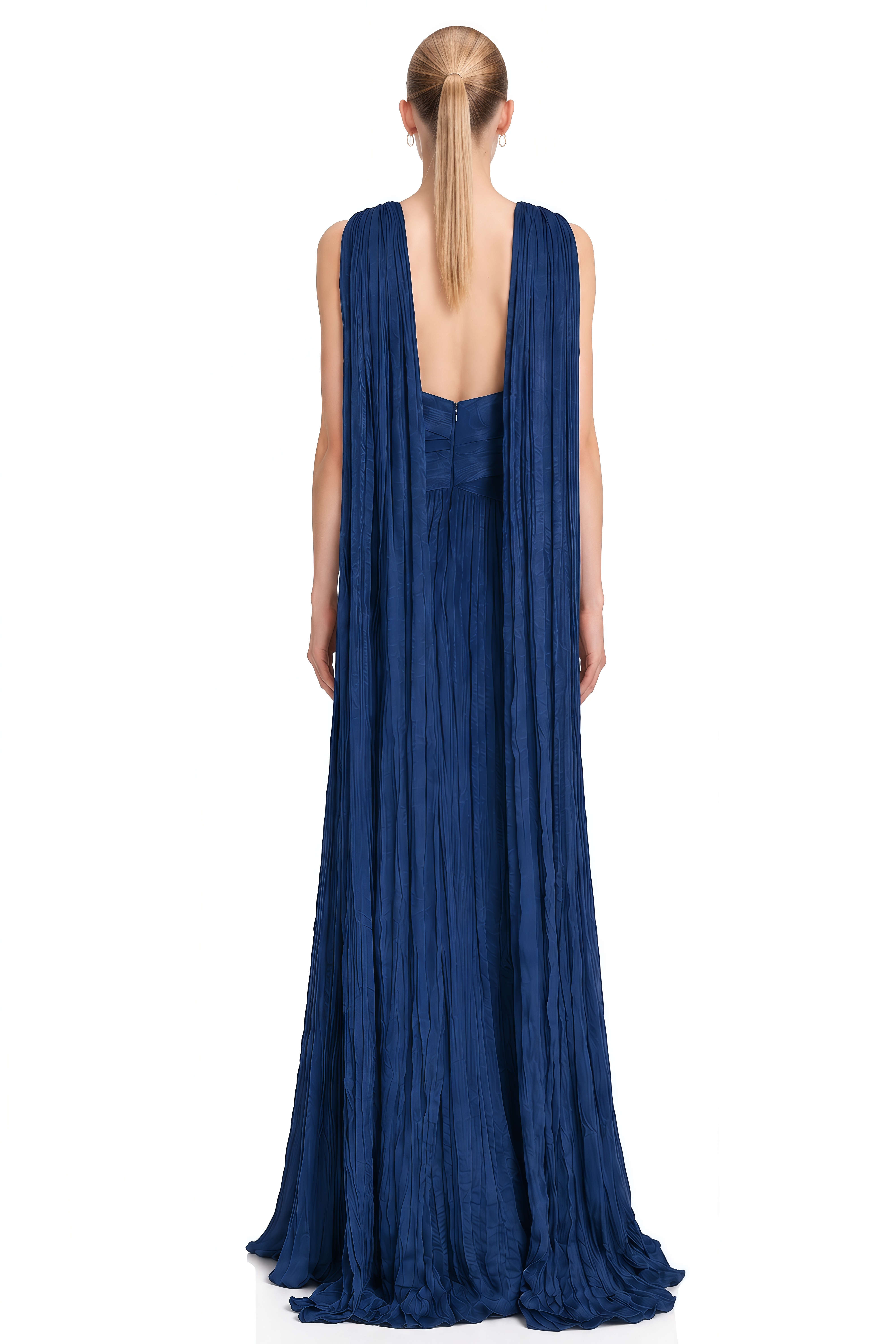 Josie Navy Crossed Pleated Flowing Maxi Dress