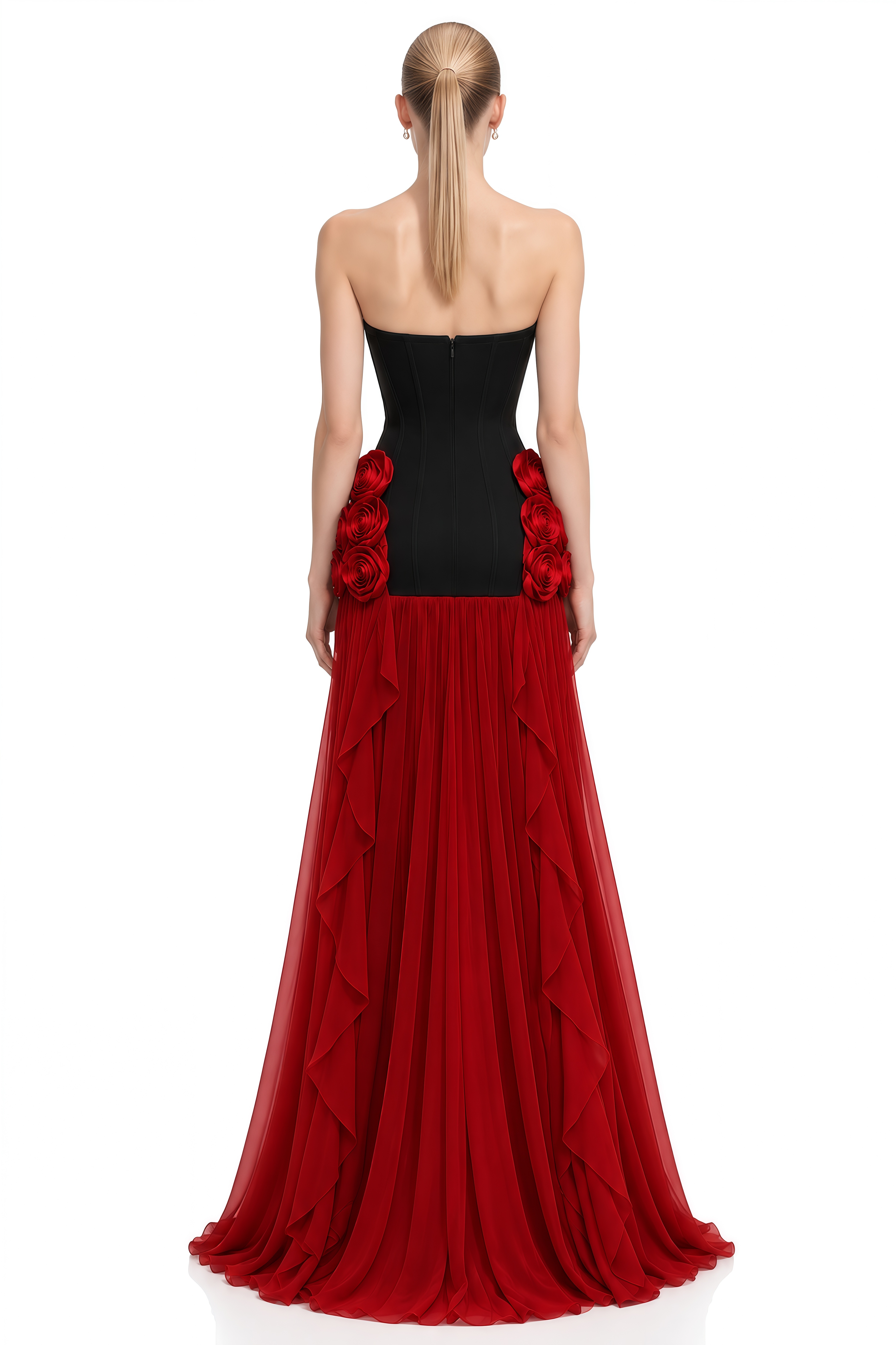Julian Red 3D Floral High-Low Maxi Dress