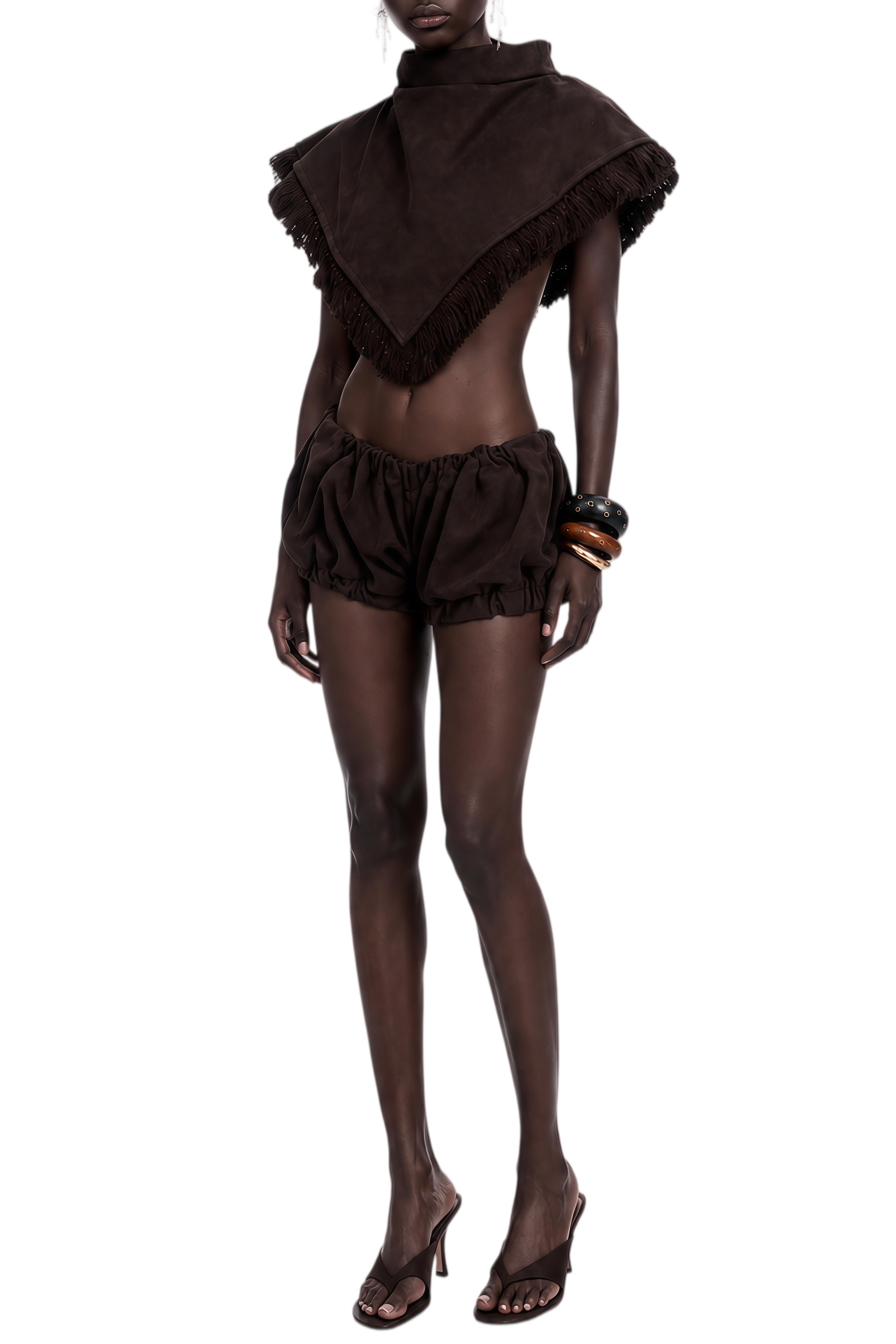 Clarisse Brown Sleeveless Ruched Top & Shorts Set