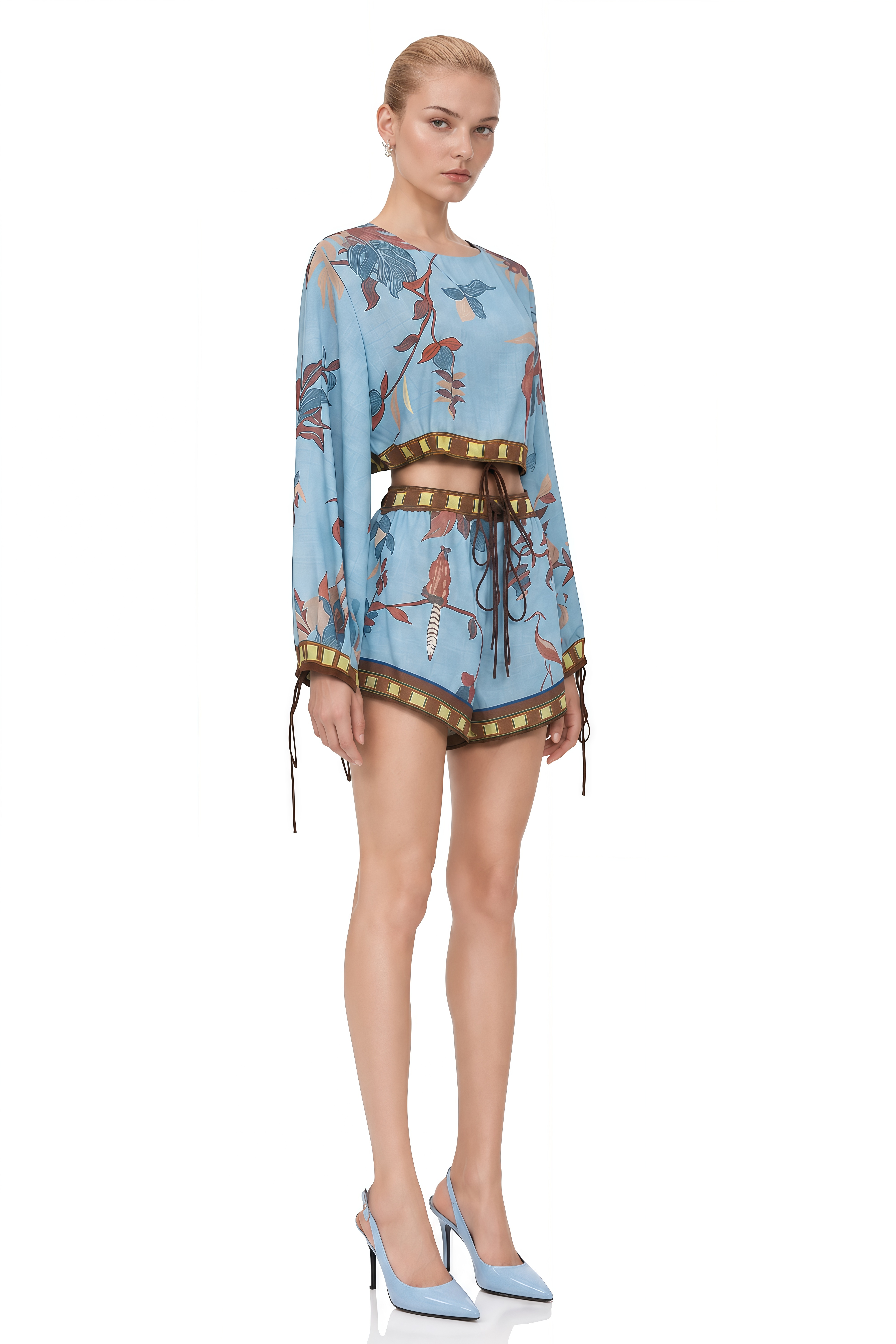 Viola Blue Round Neck Printed Top & Shorts Set