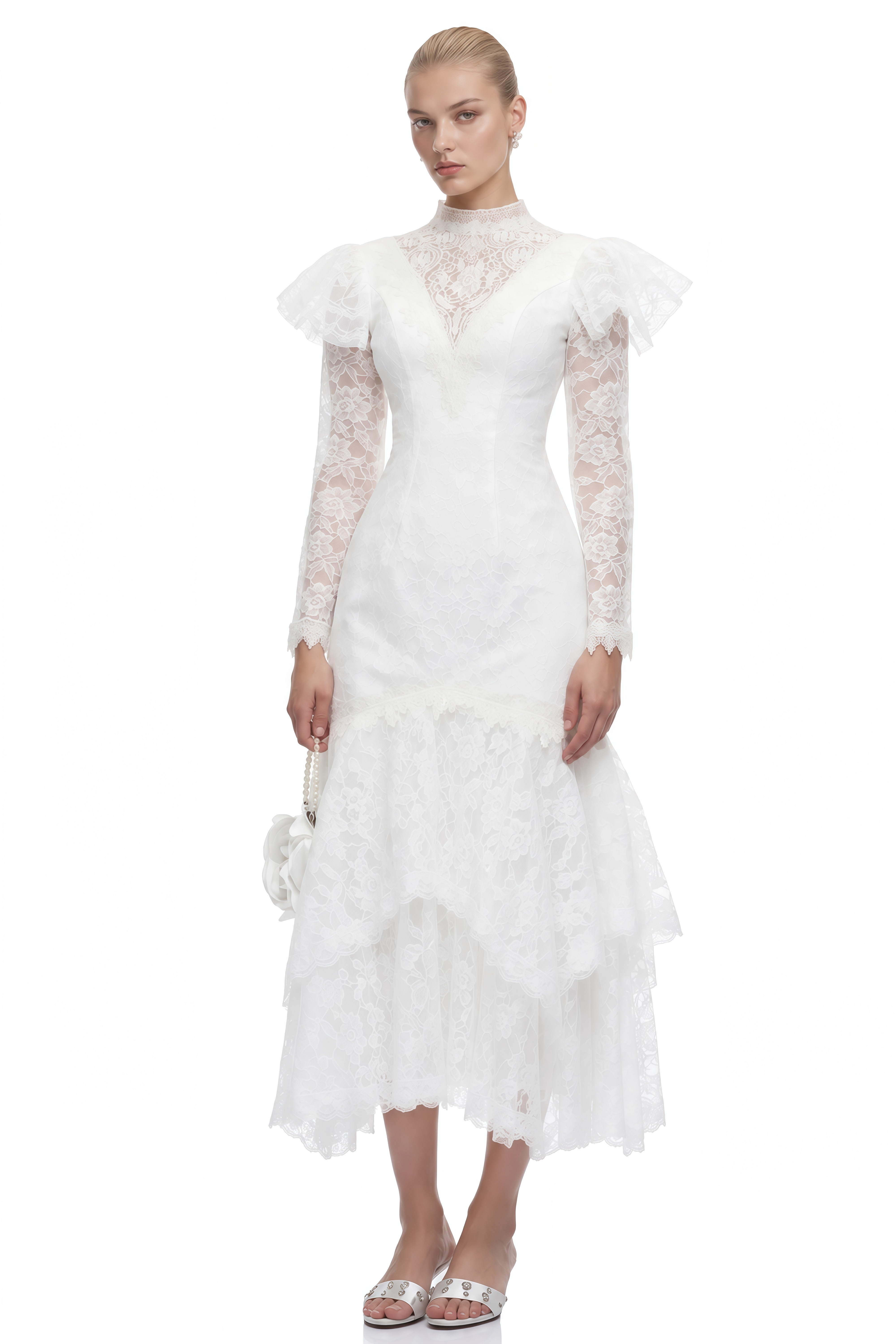 Margaux White Turtleneck Ruffled Midi Dress