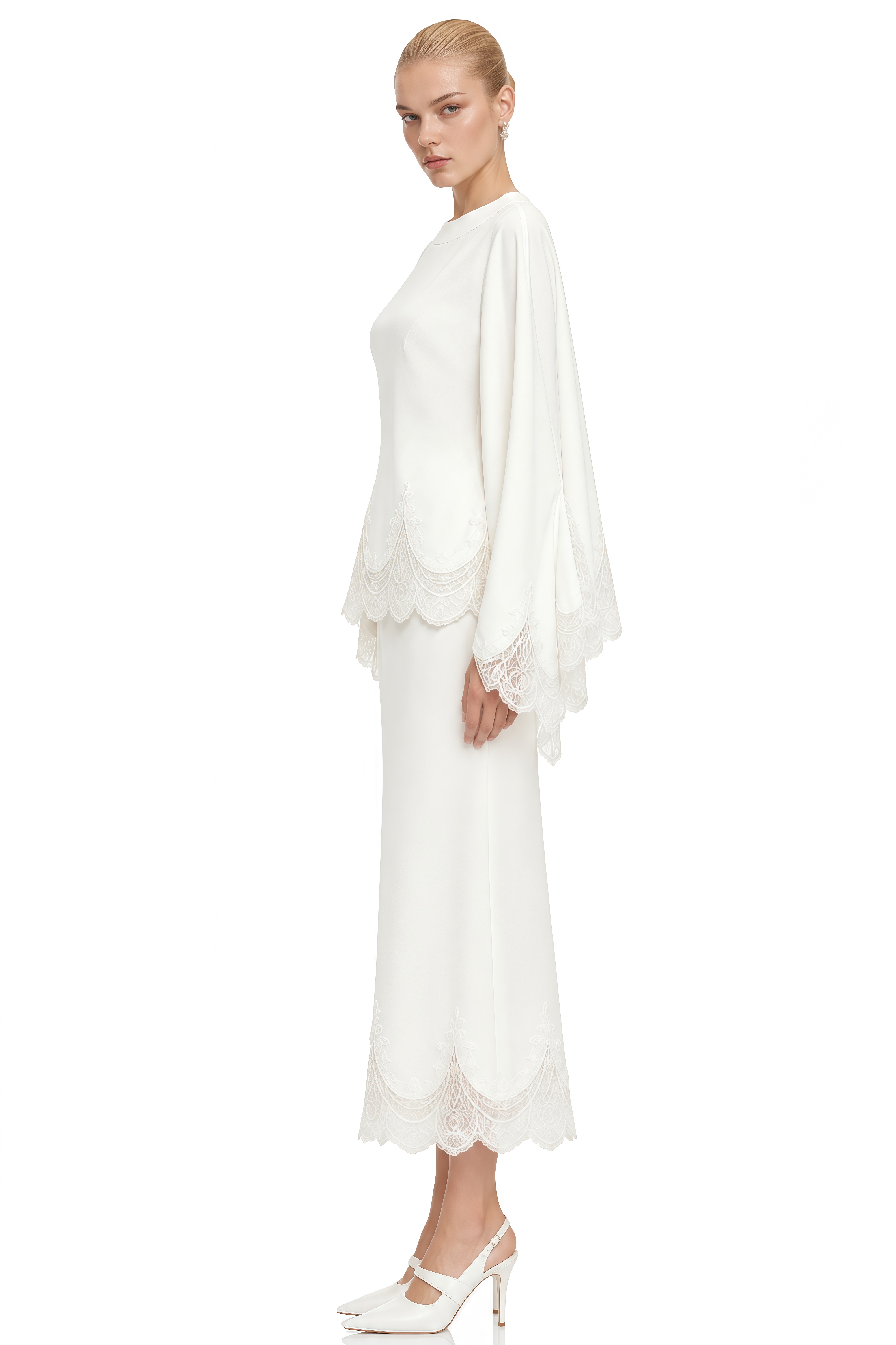 Amelia White Round Neck Lace-Hem Blouse & Skirt Set