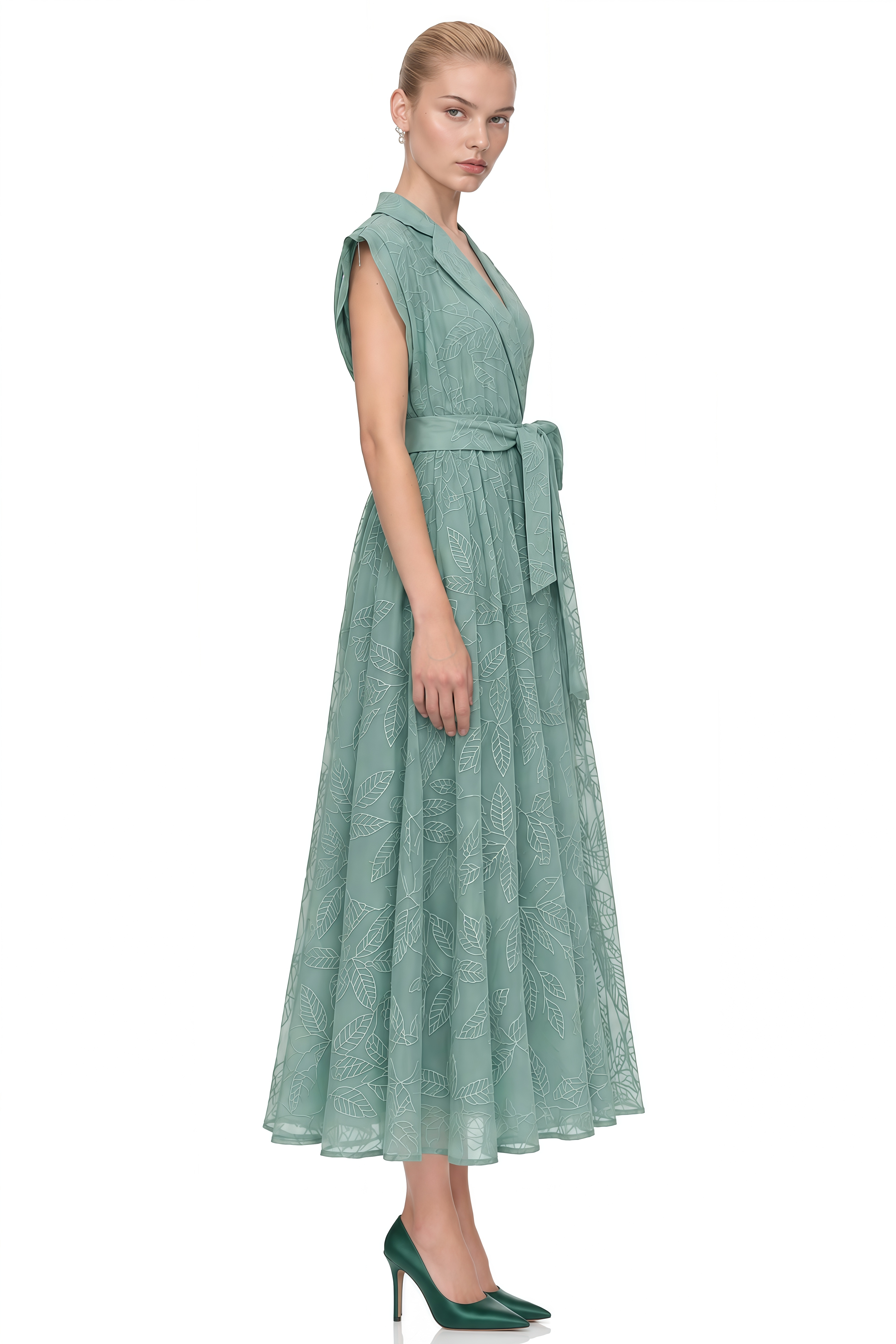 Theodora Green Sleeveless Belted Midi Dress