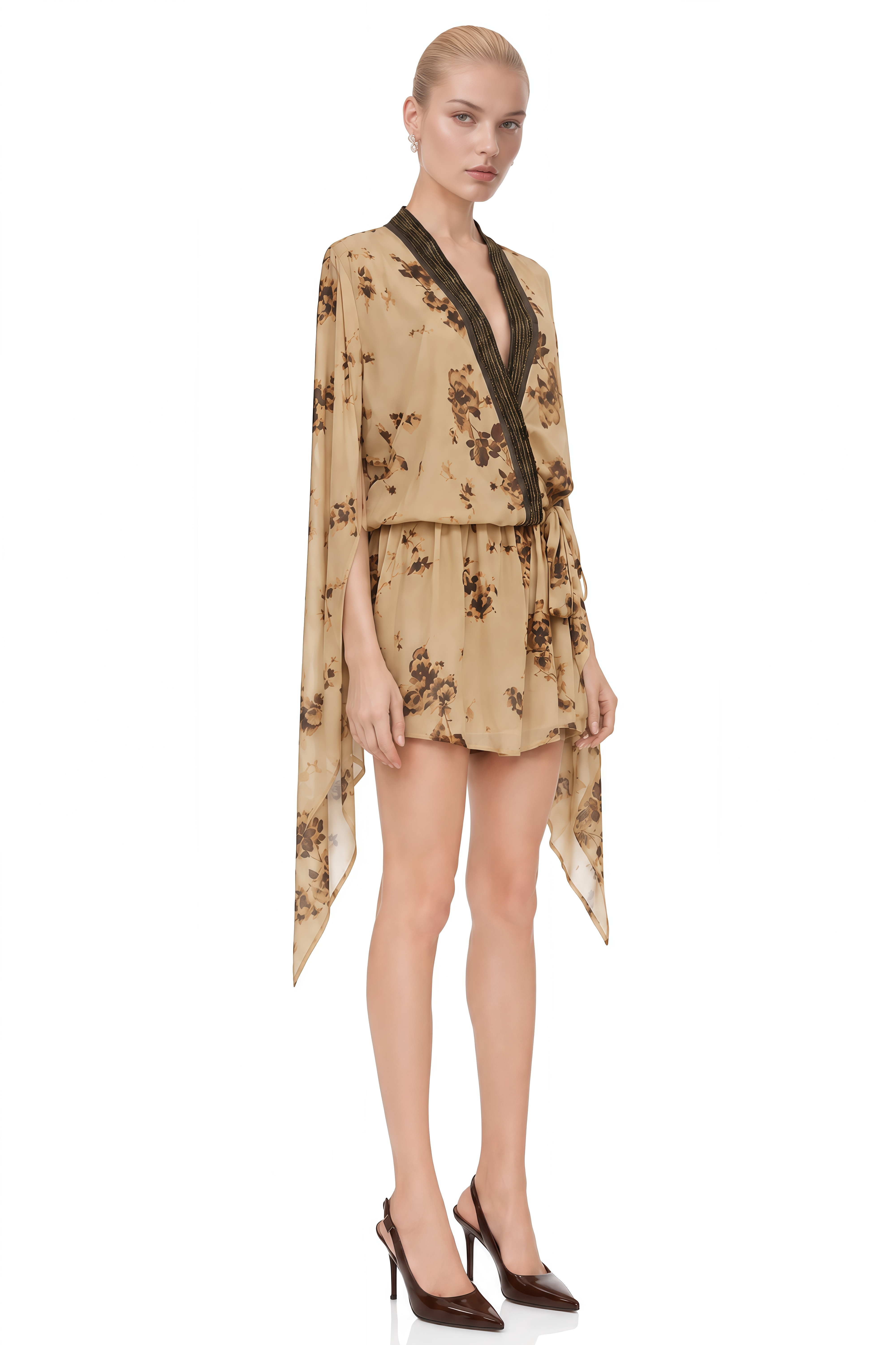 Lavinia Brown Floral print V-Neck Mini Dress
