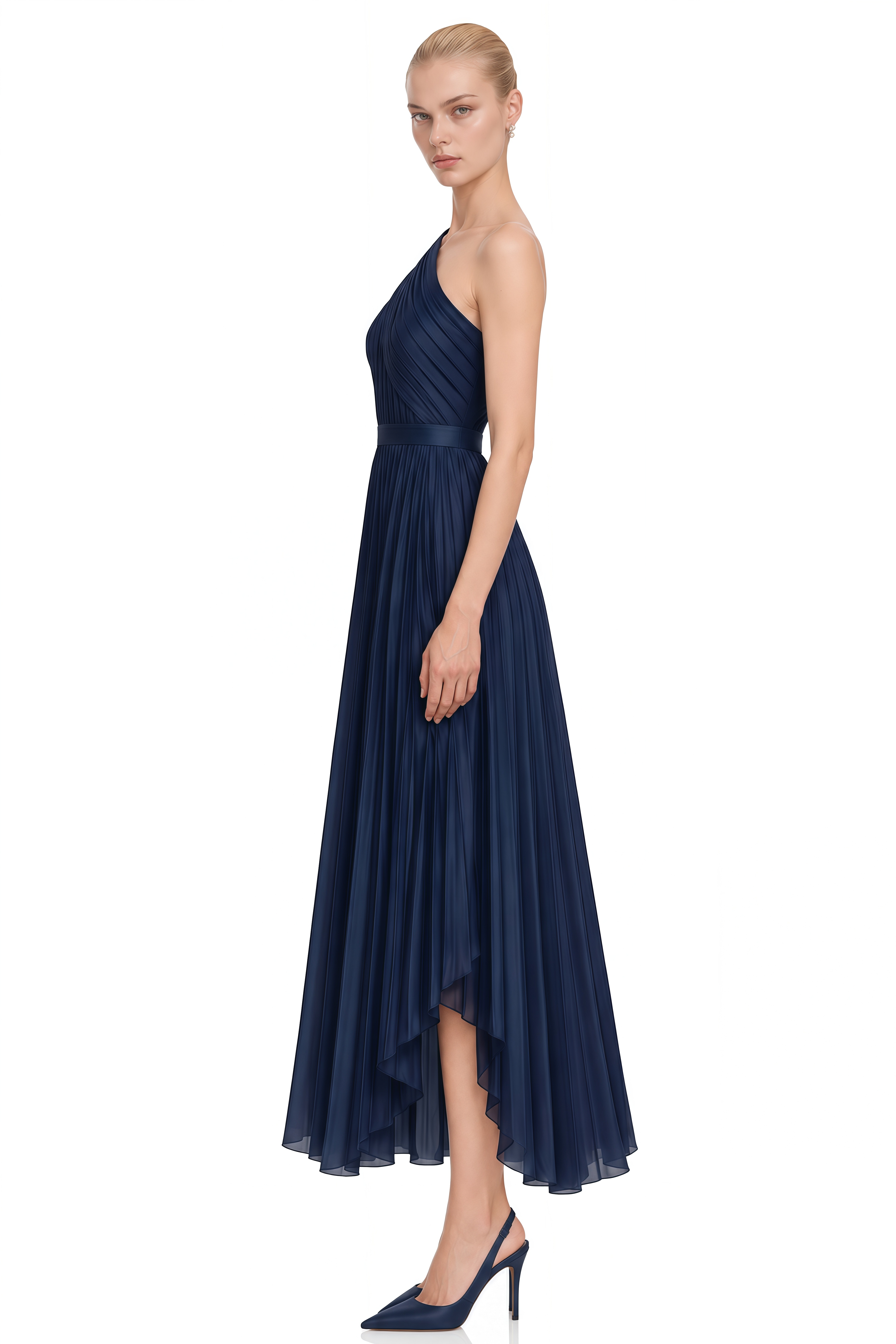 Margaux Navy Asymmetrical Draped Midi Dress