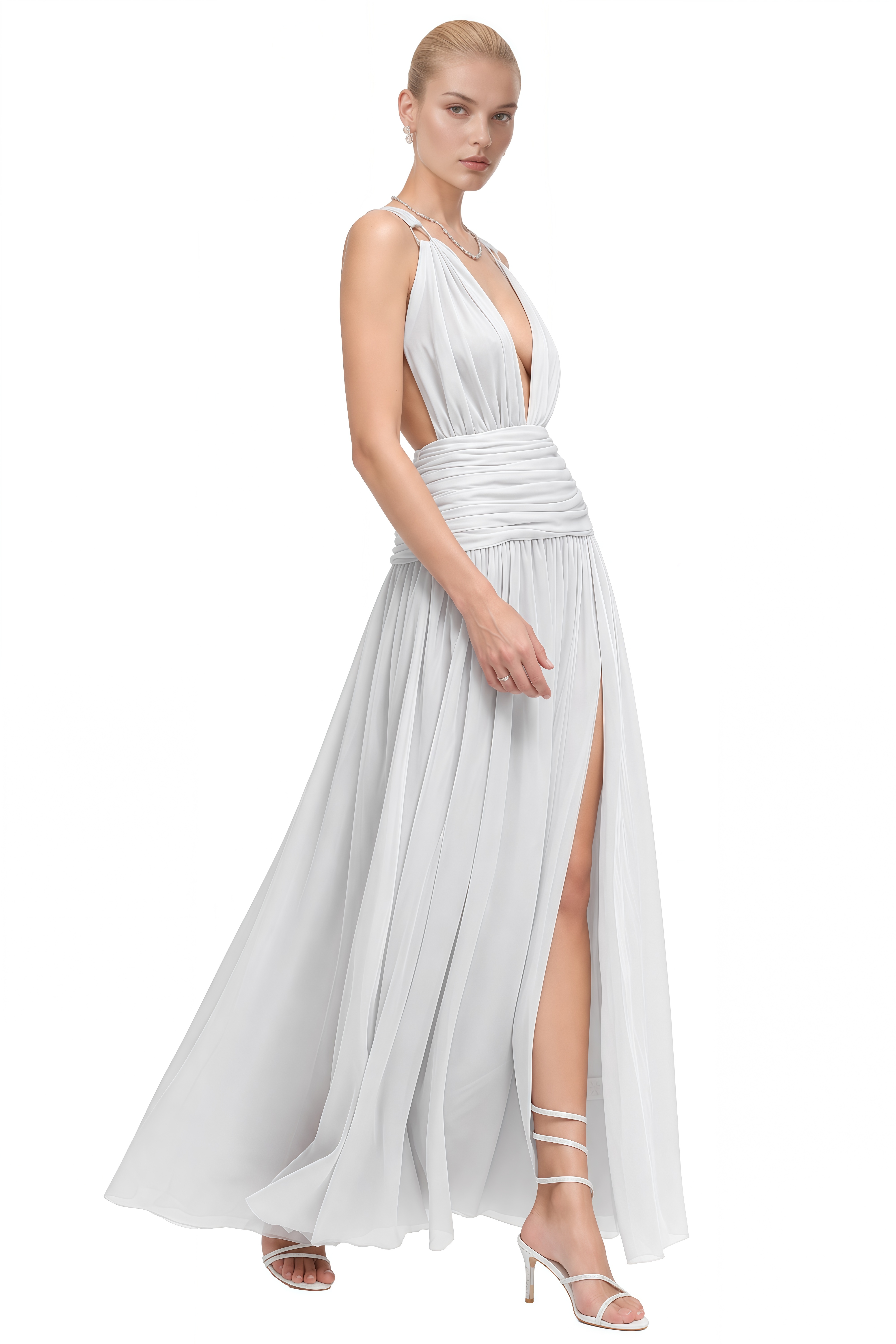 Ivy White Sleeveless Draped Maxi Dress
