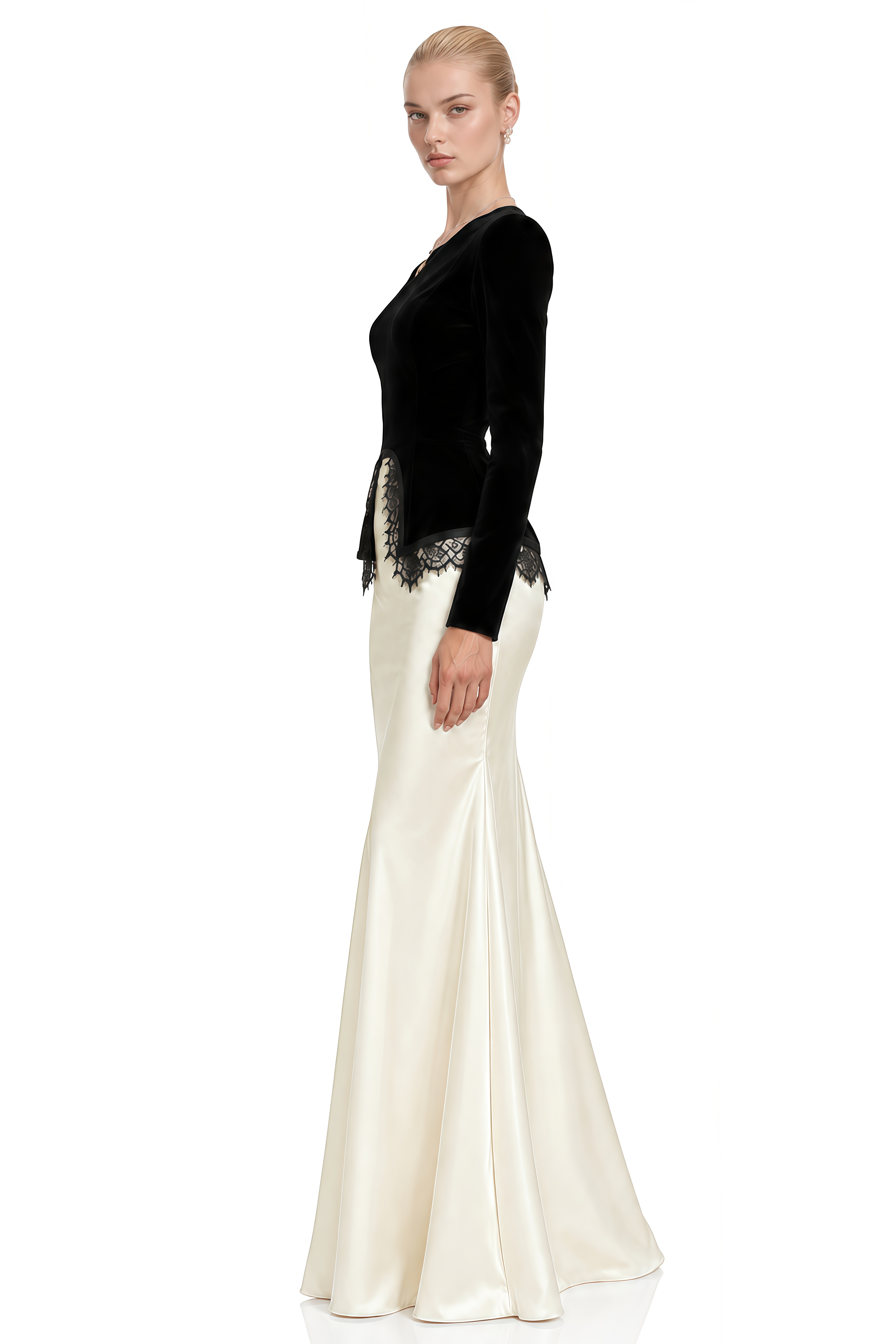 Lily Black Round Neck Lace Top & Skirt Set