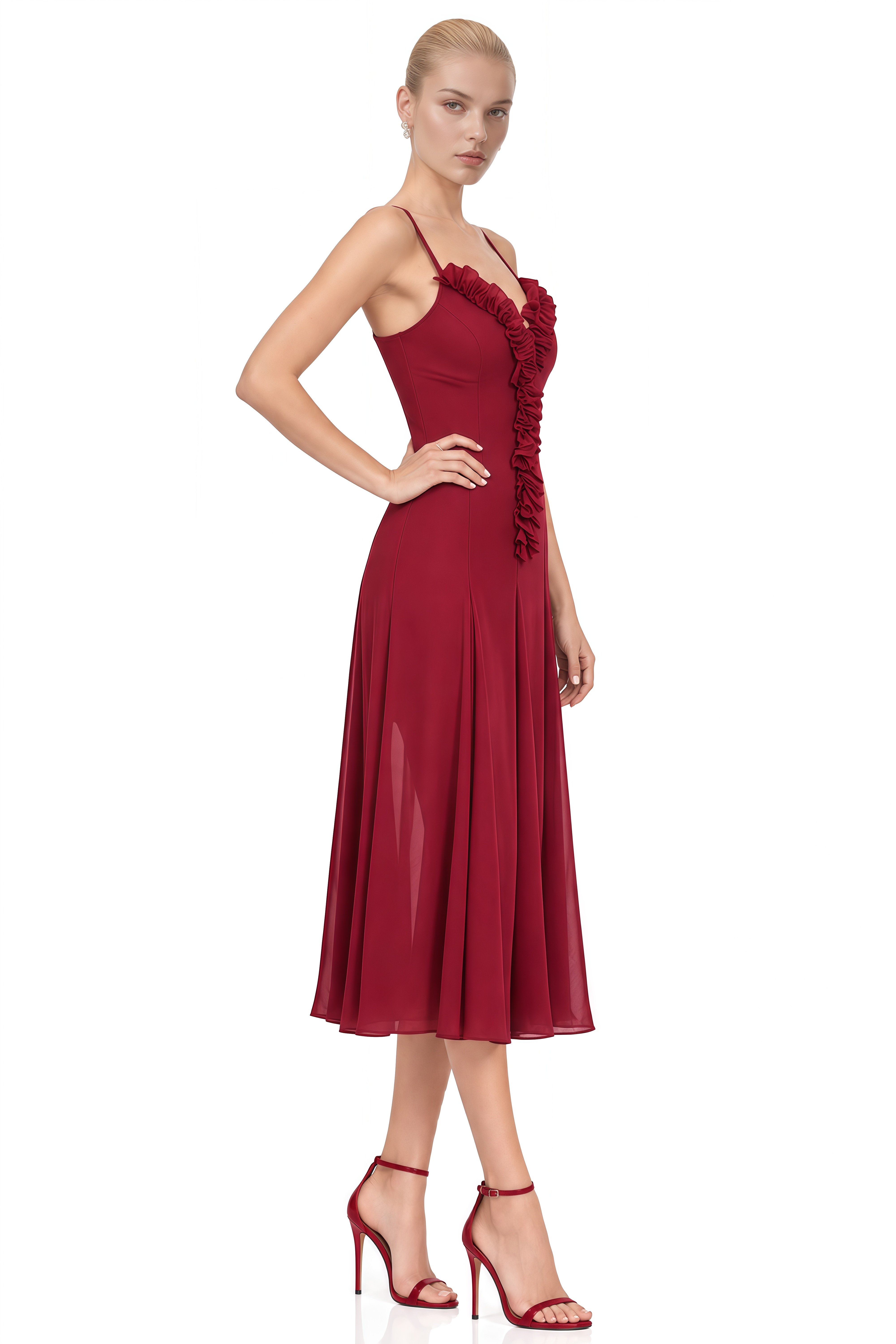 Ophelia Burgundy Ruffled Trim V-Neck Midi Dress