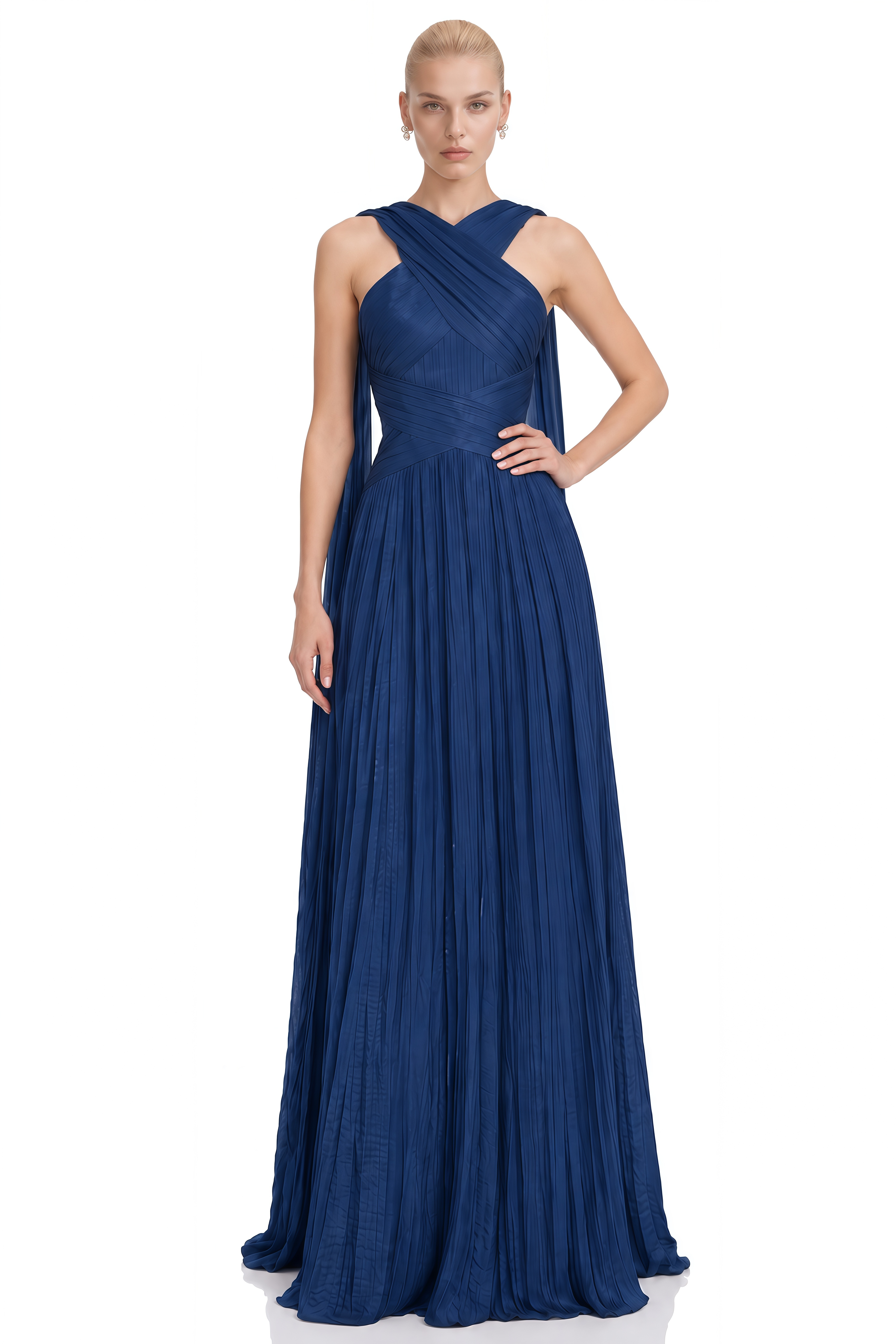 Josie Navy Crossed Pleated Flowing Maxi Dress