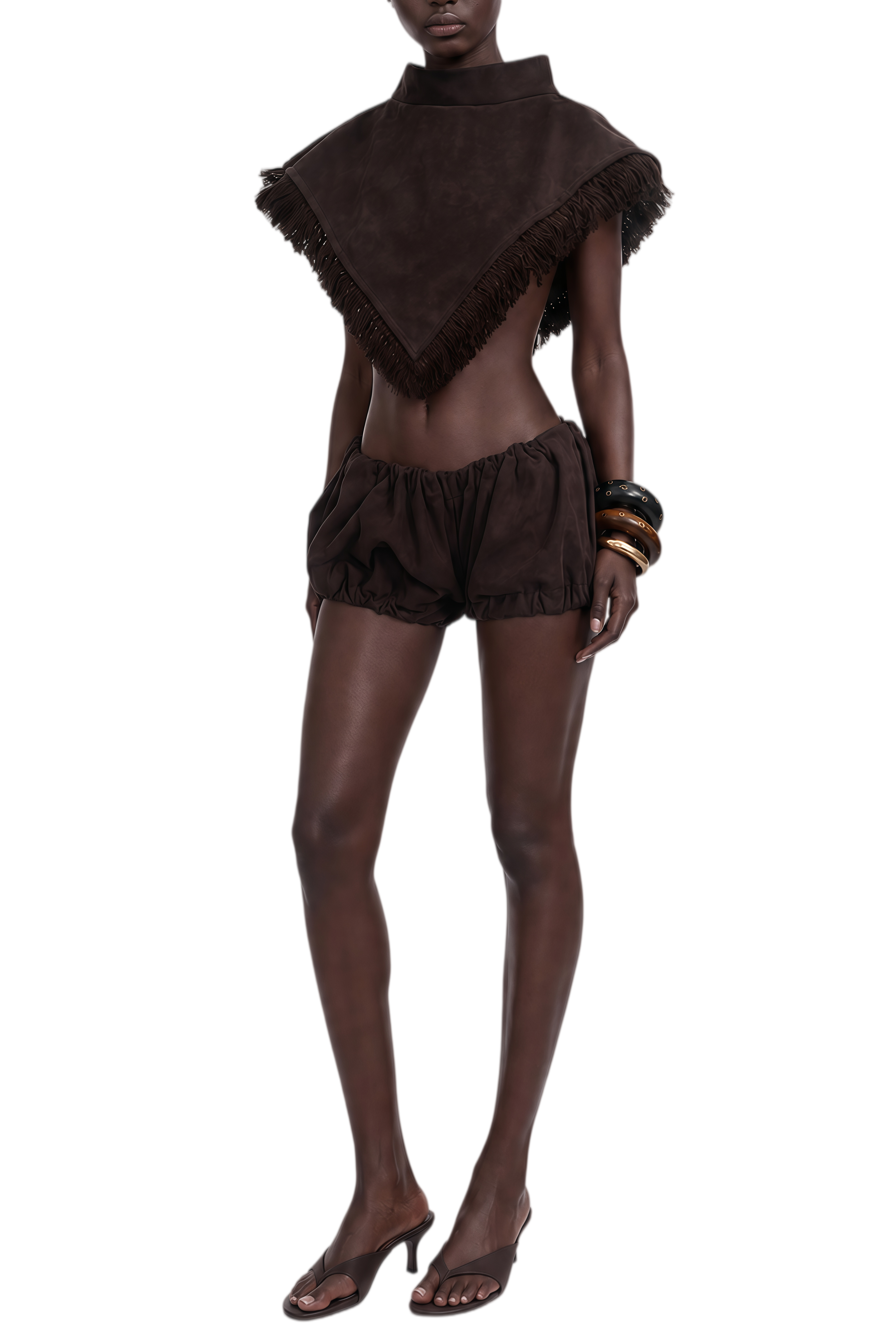 Clarisse Brown Sleeveless Ruched Top & Shorts Set