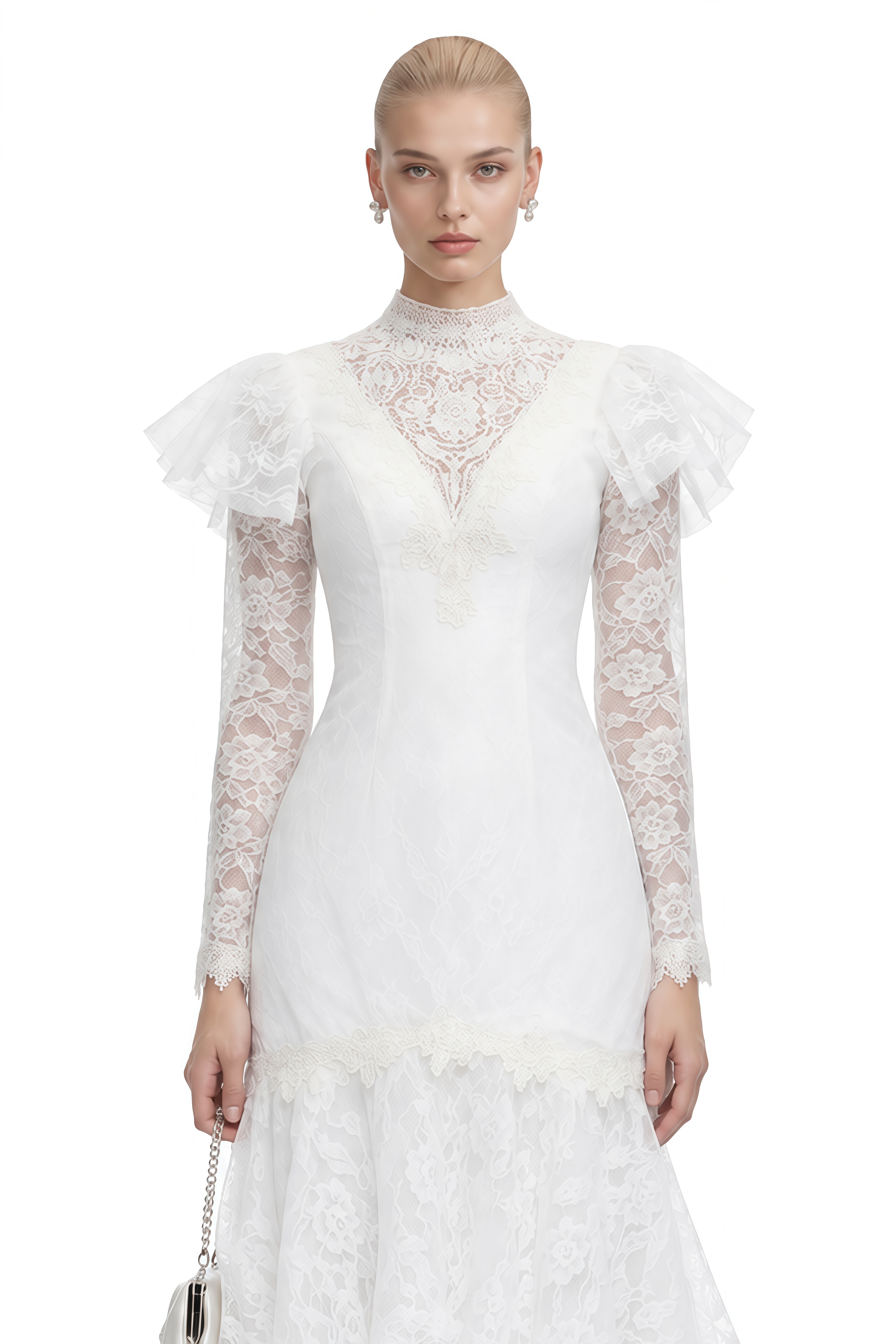 Margaux White Turtleneck Ruffled Midi Dress