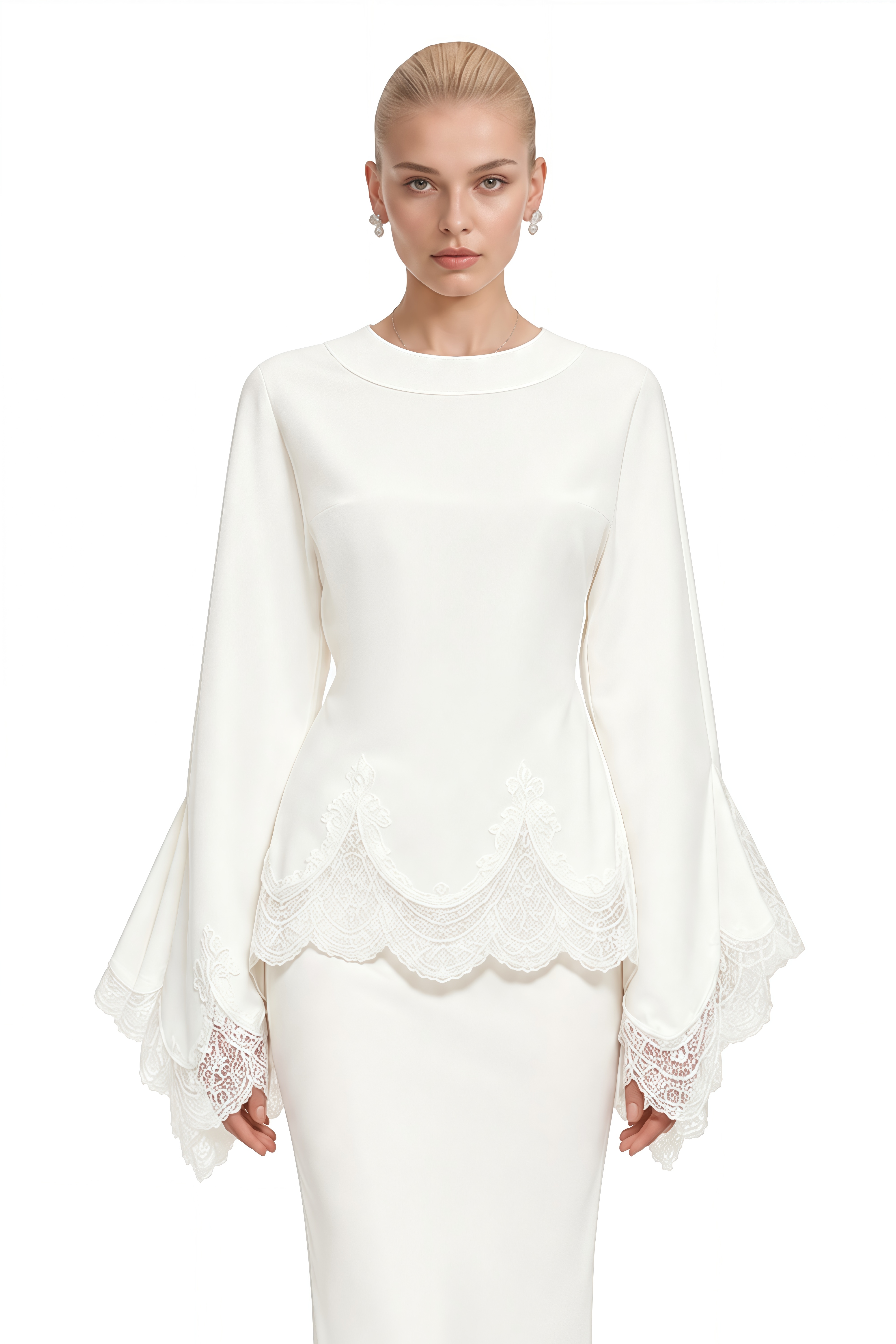 Amelia White Round Neck Lace-Hem Blouse & Skirt Set