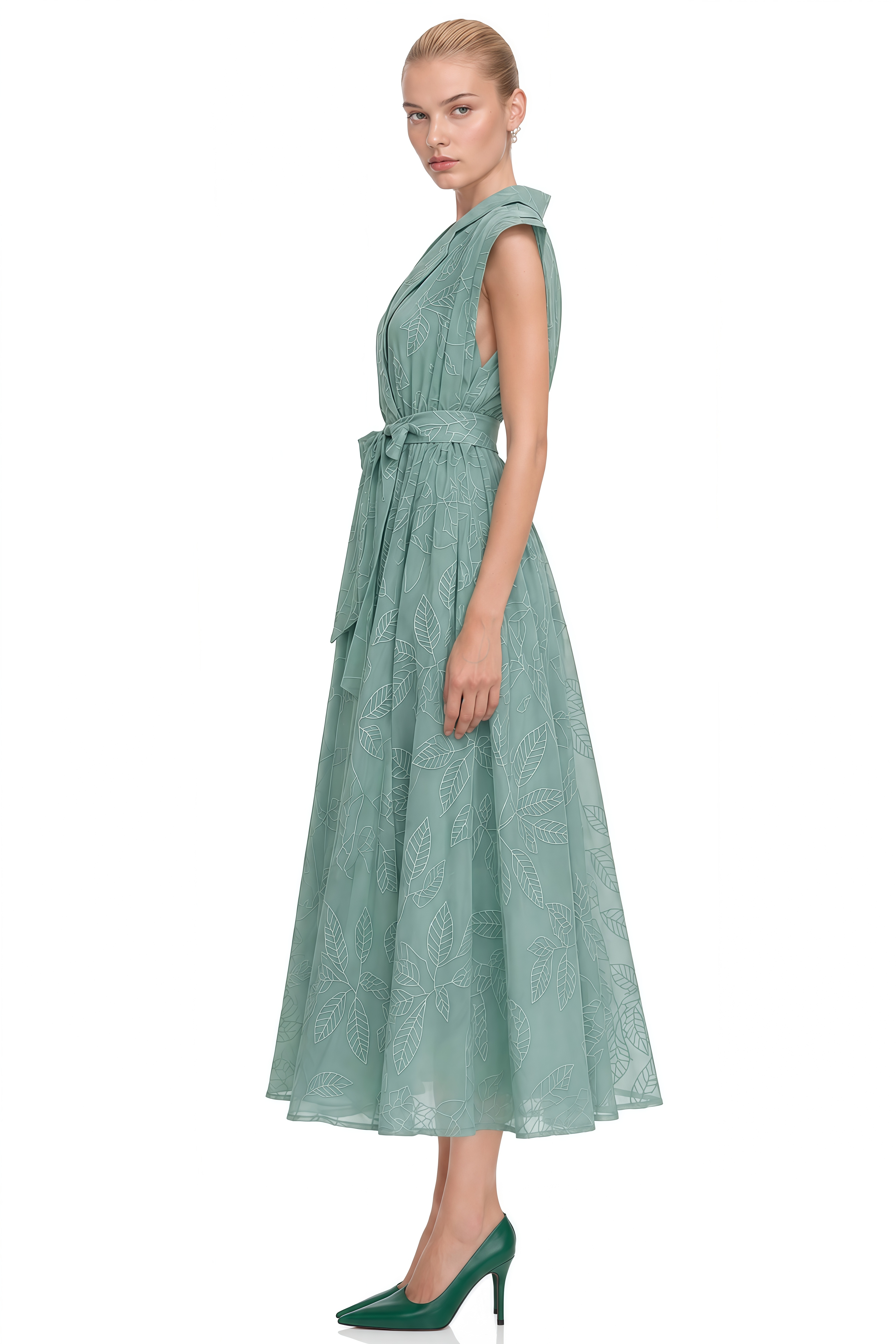 Theodora Green Sleeveless Belted Midi Dress