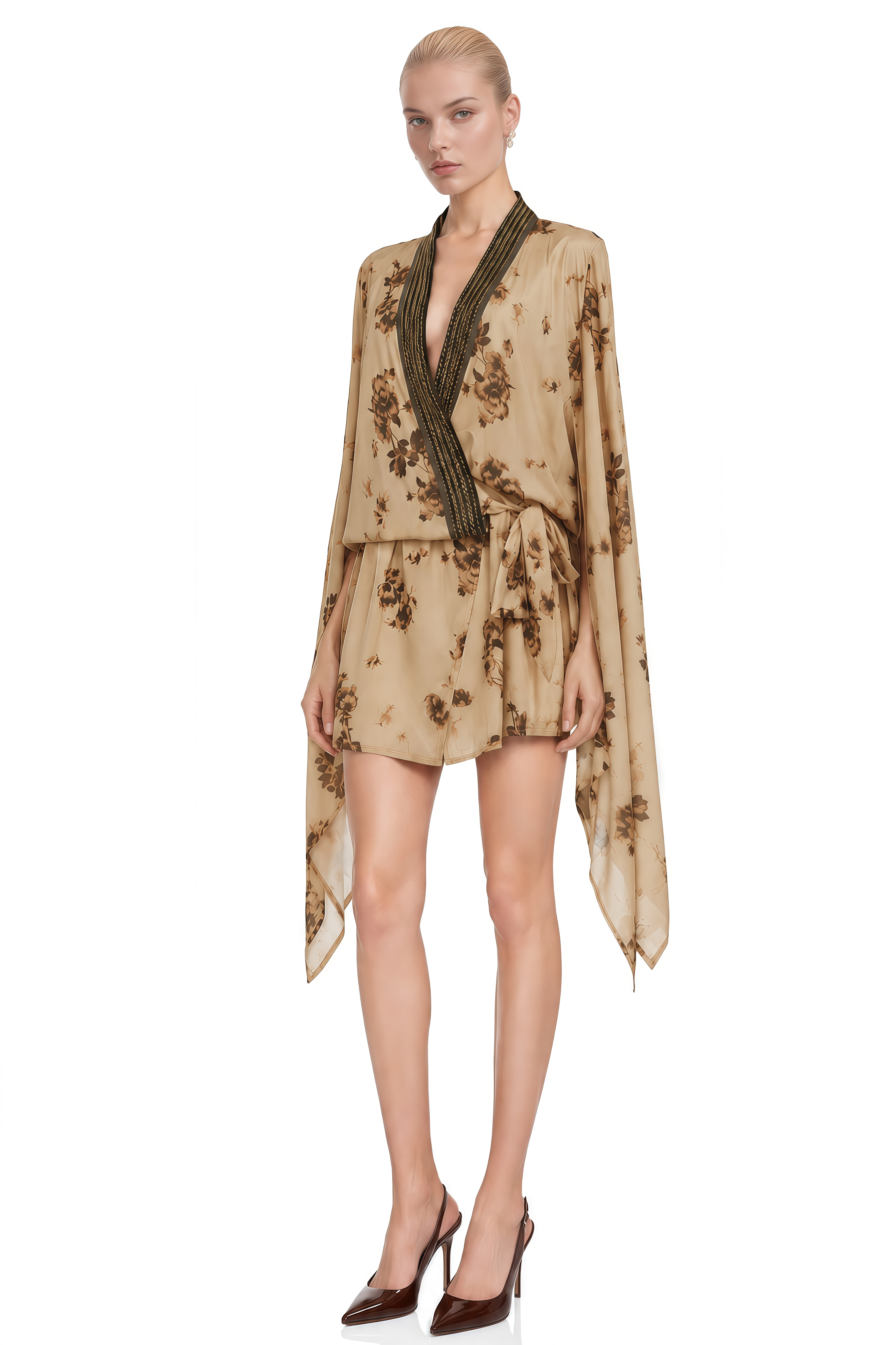 Lavinia Brown Floral print V-Neck Mini Dress
