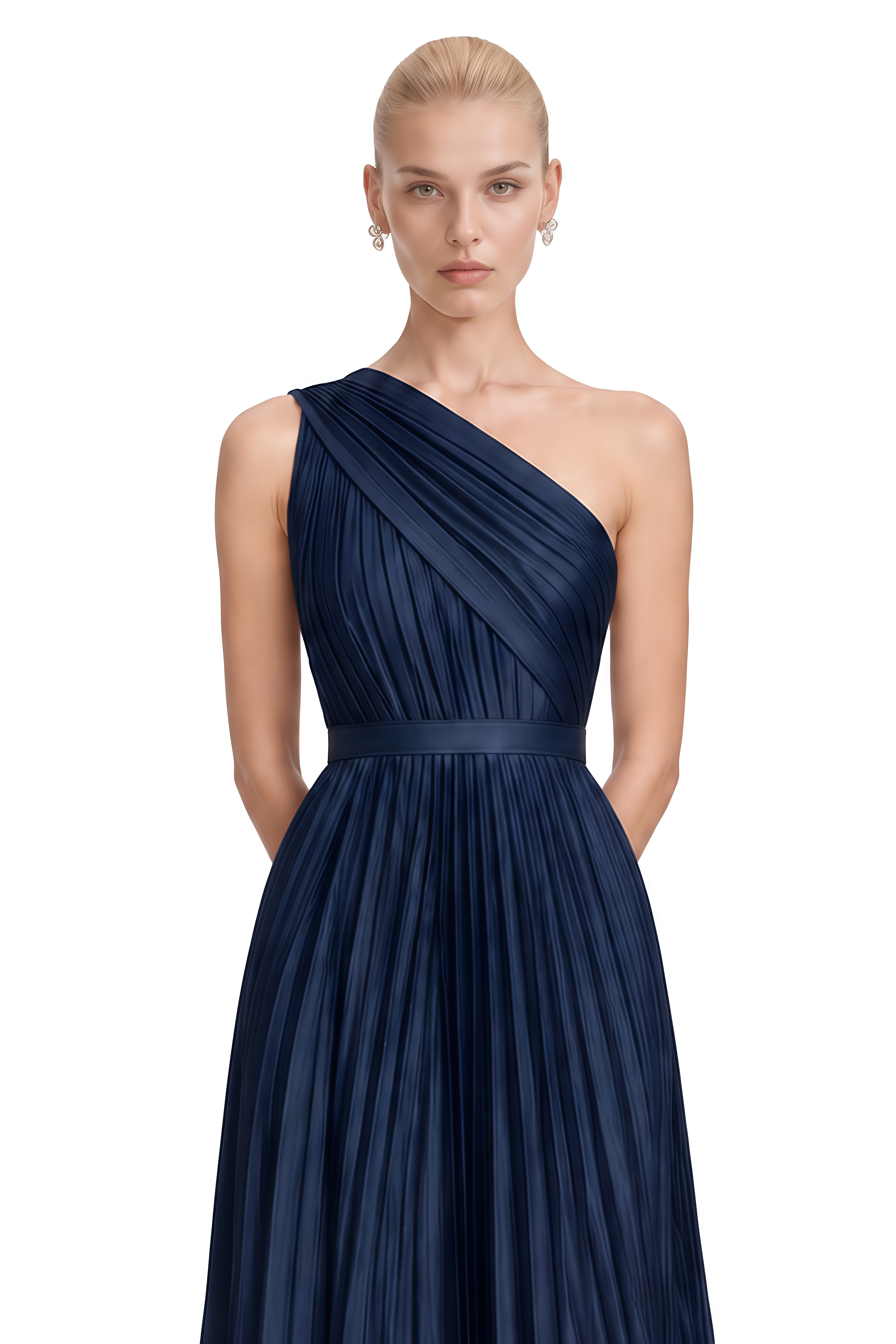 Margaux Navy Asymmetrical Draped Midi Dress