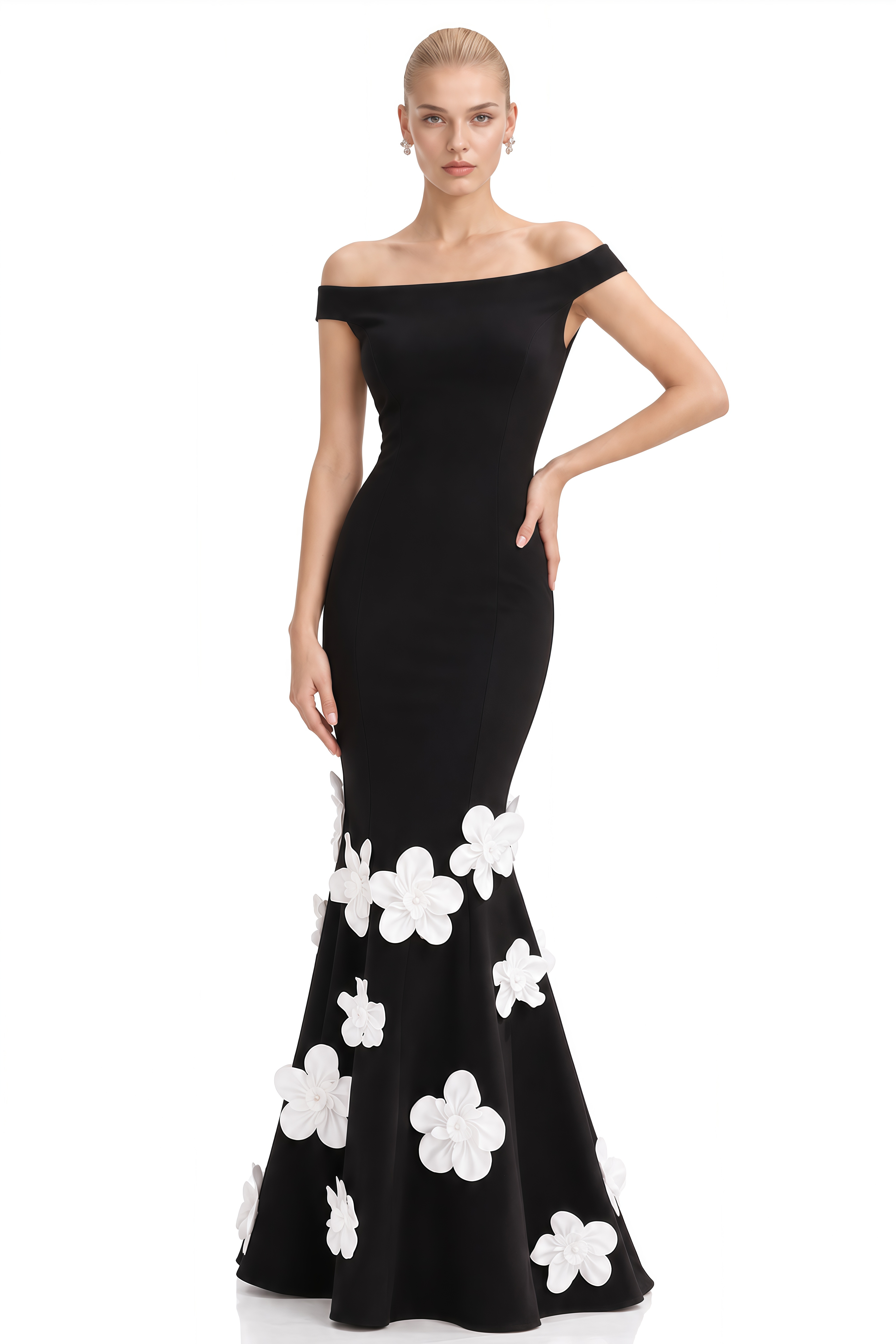 Rose Black Off-Shoulder Floral Maxi Dress
