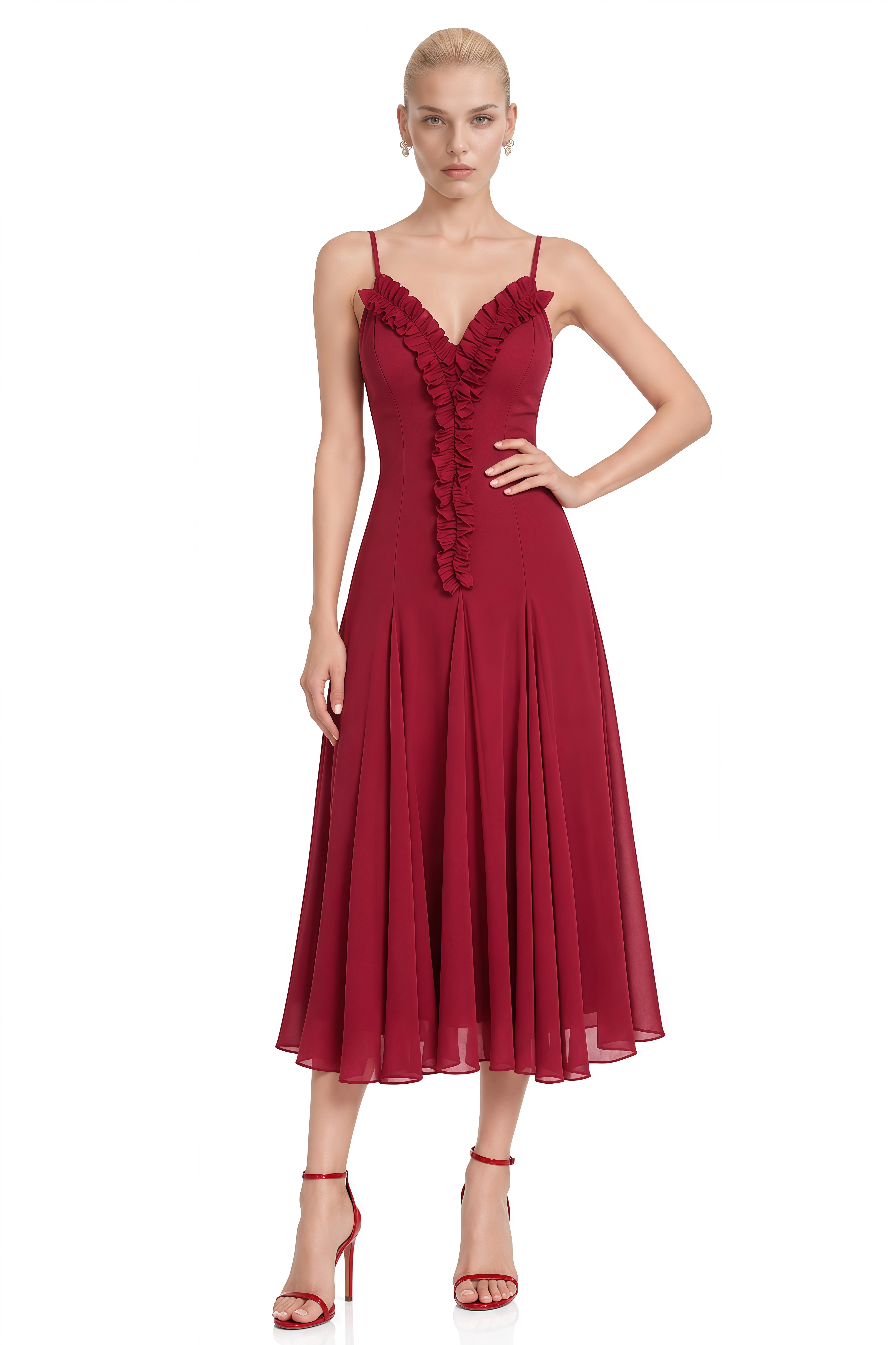 Ophelia Burgundy Ruffled Trim V-Neck Midi Dress