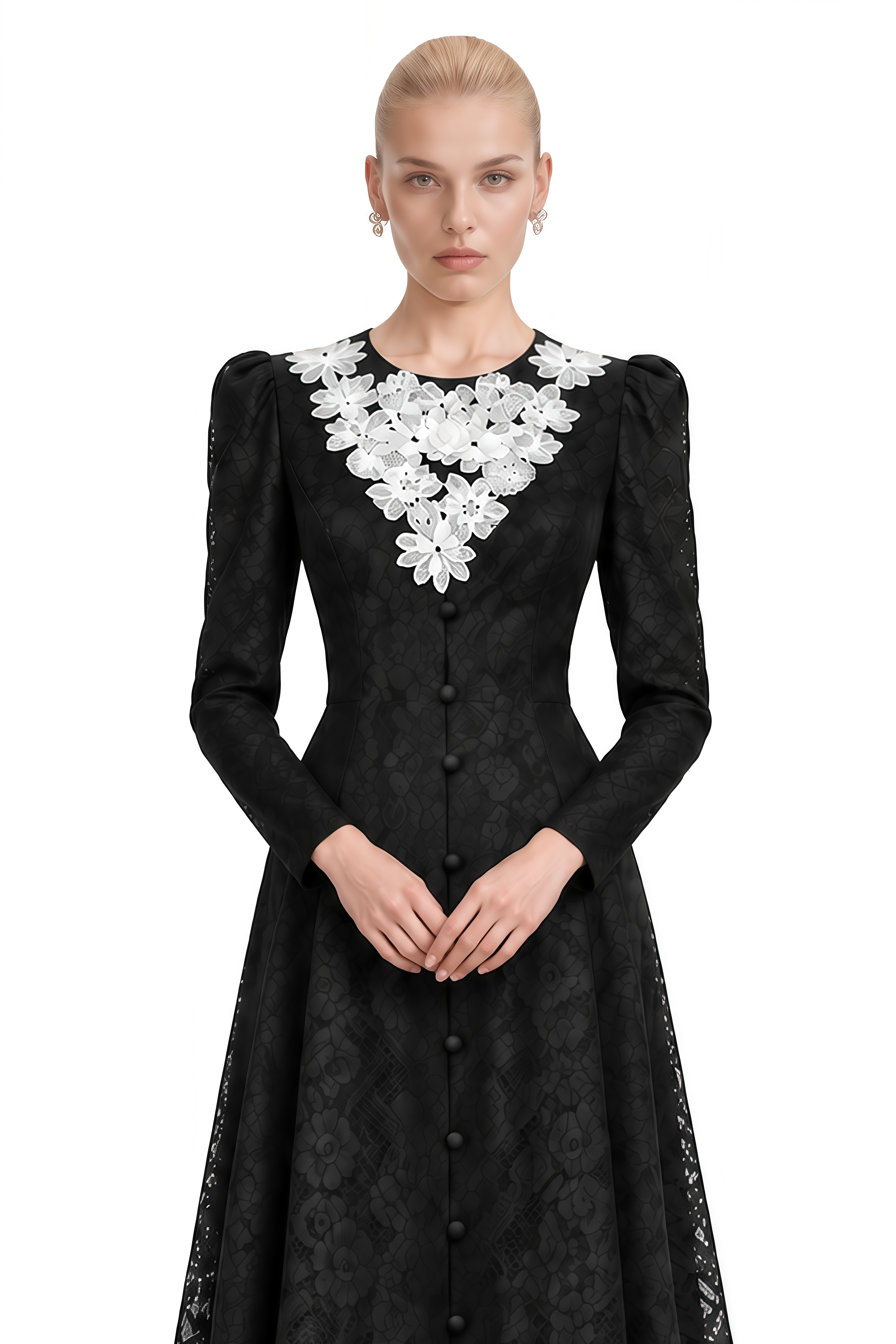 Poppy Black Round Neck Floral Appliqué Maxi Dress