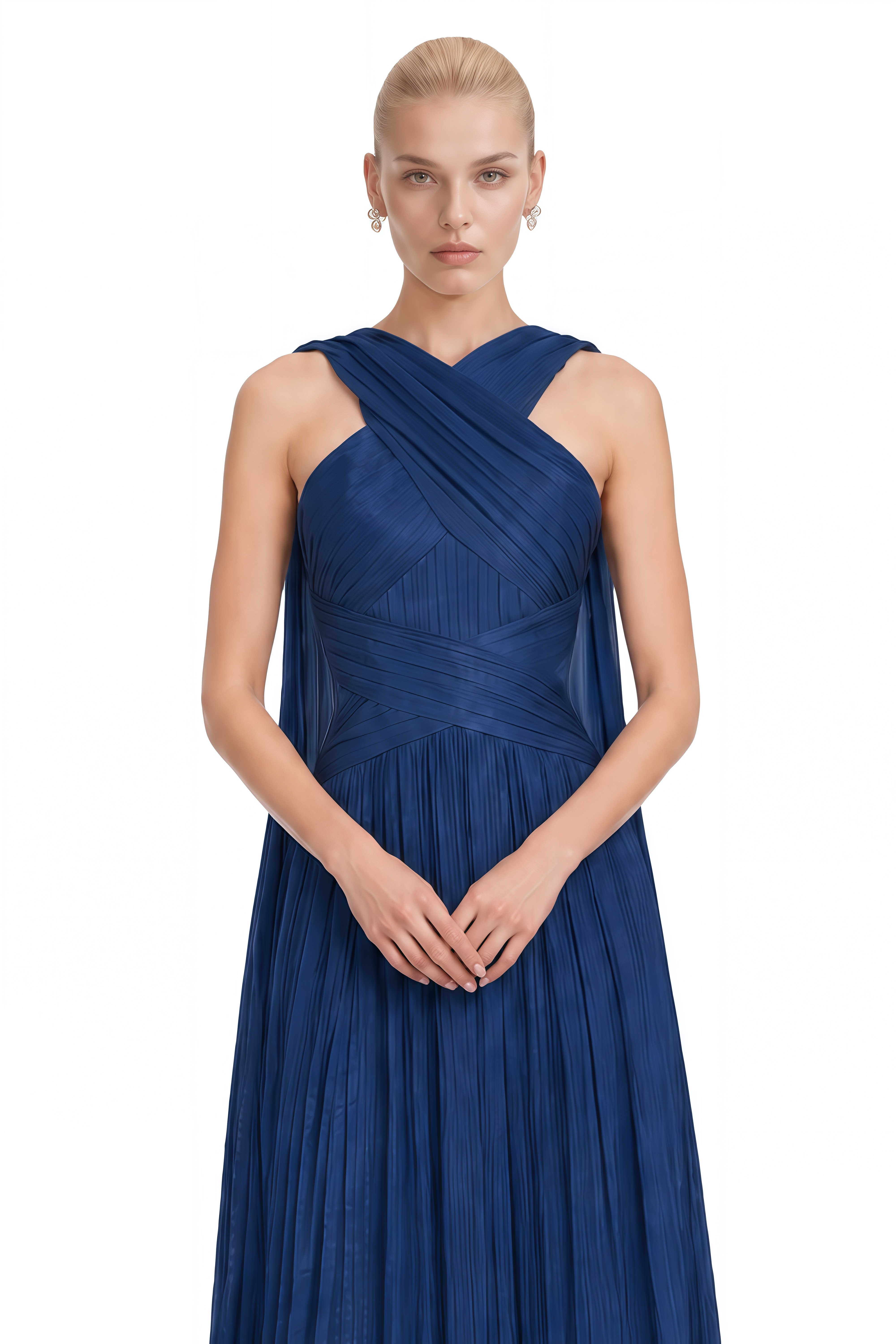 Josie Navy Crossed Pleated Flowing Maxi Dress