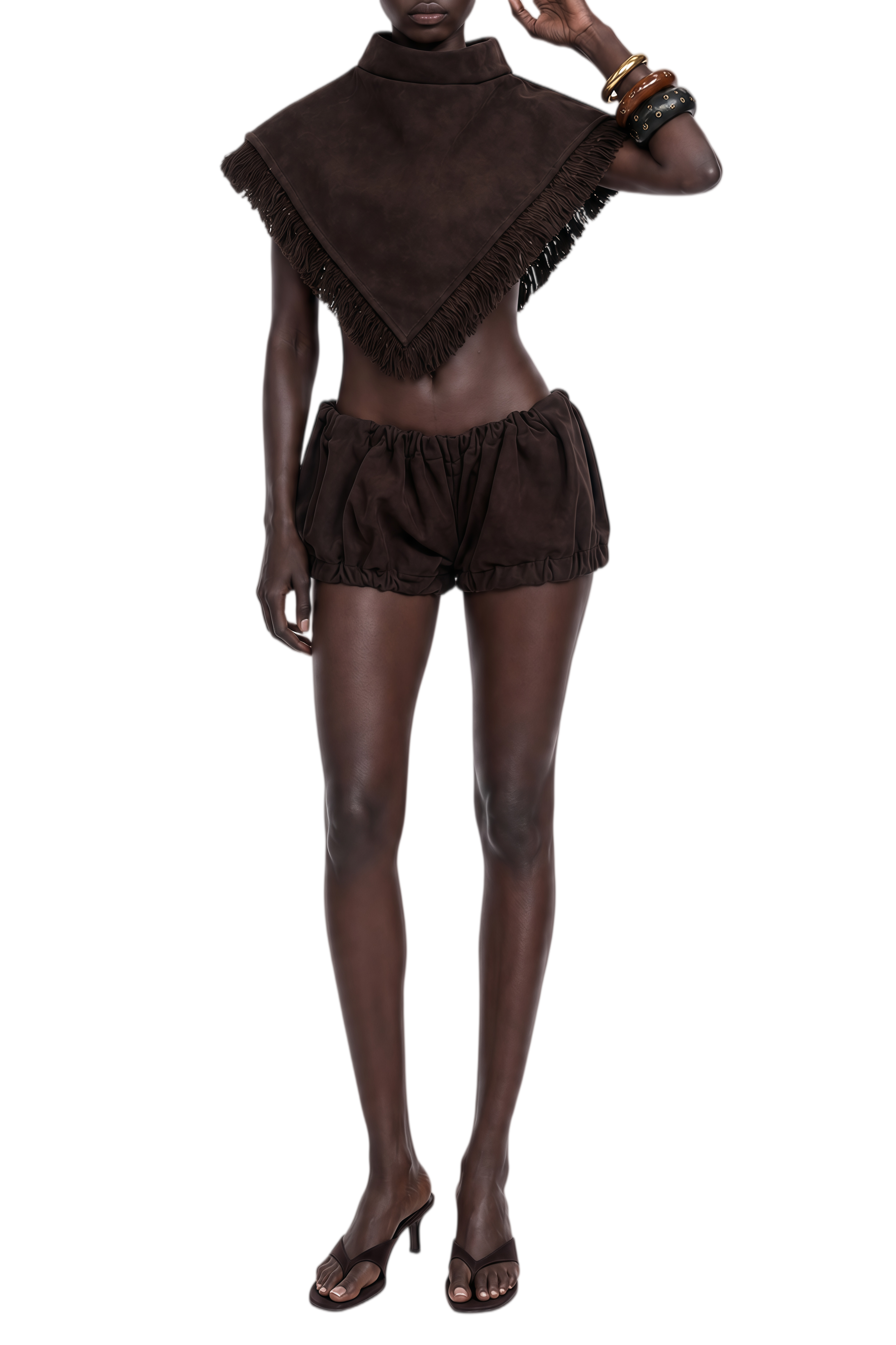 Clarisse Brown Sleeveless Ruched Top & Shorts Set