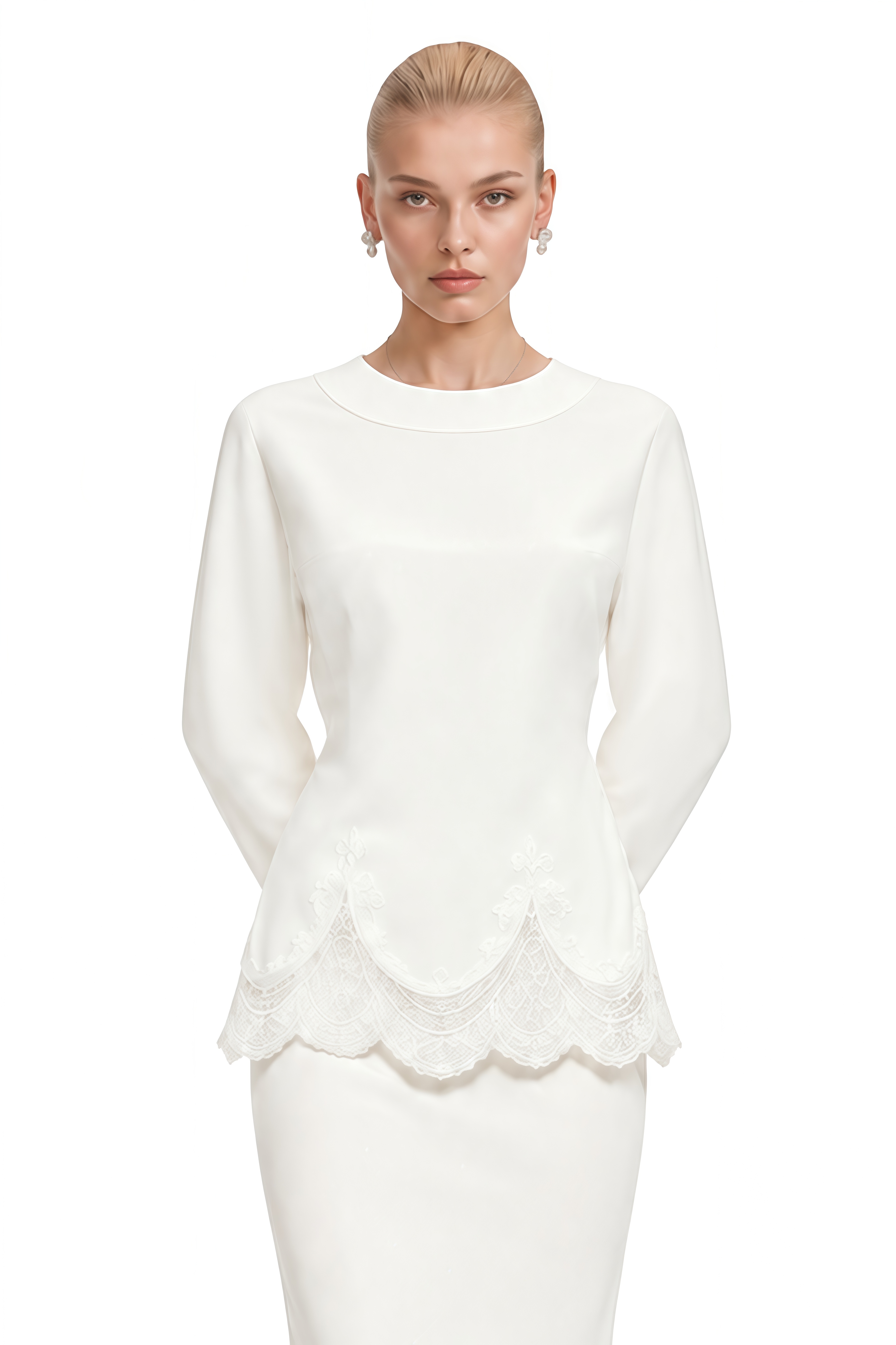 Amelia White Round Neck Lace-Hem Blouse & Skirt Set