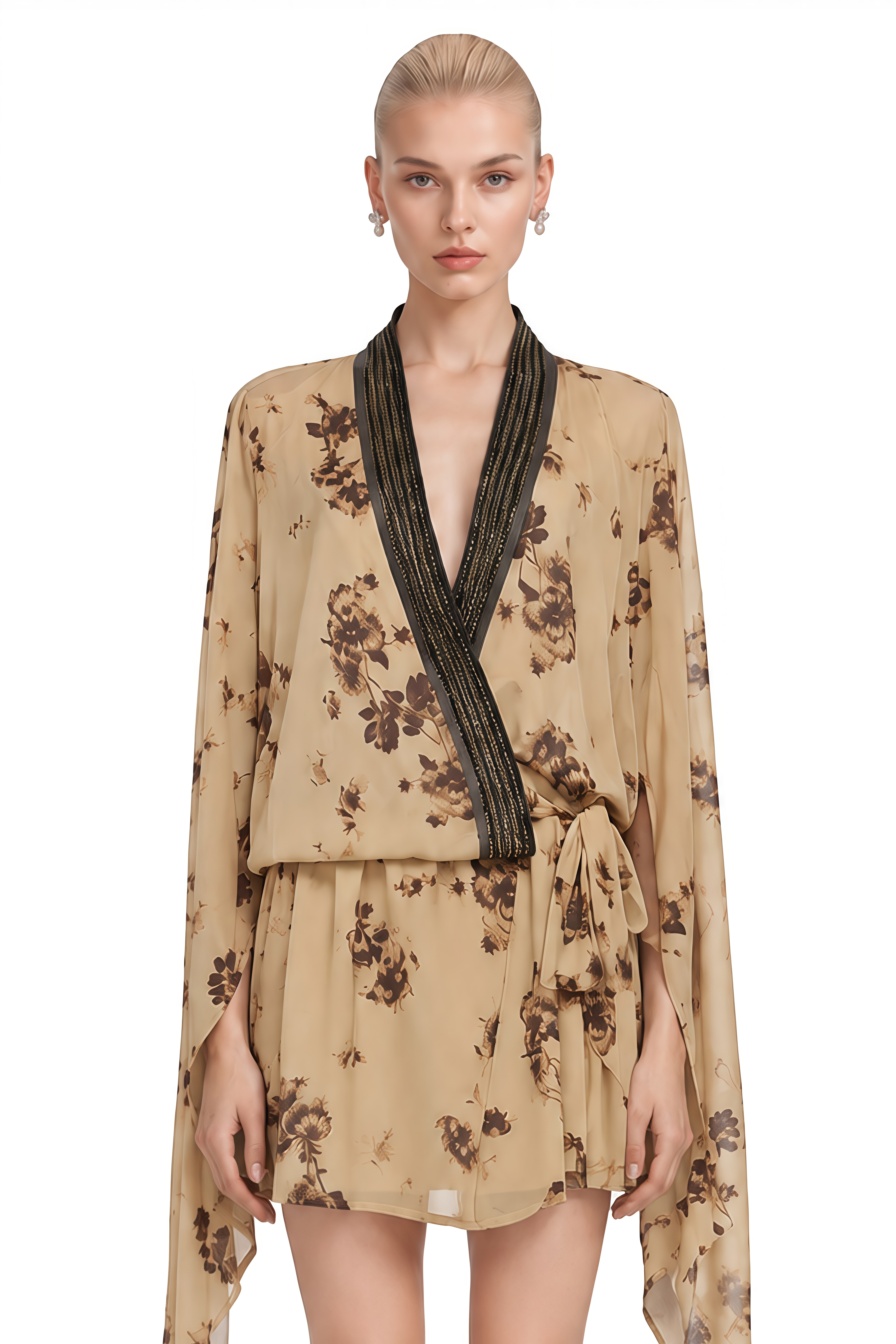 Lavinia Brown Floral print V-Neck Mini Dress