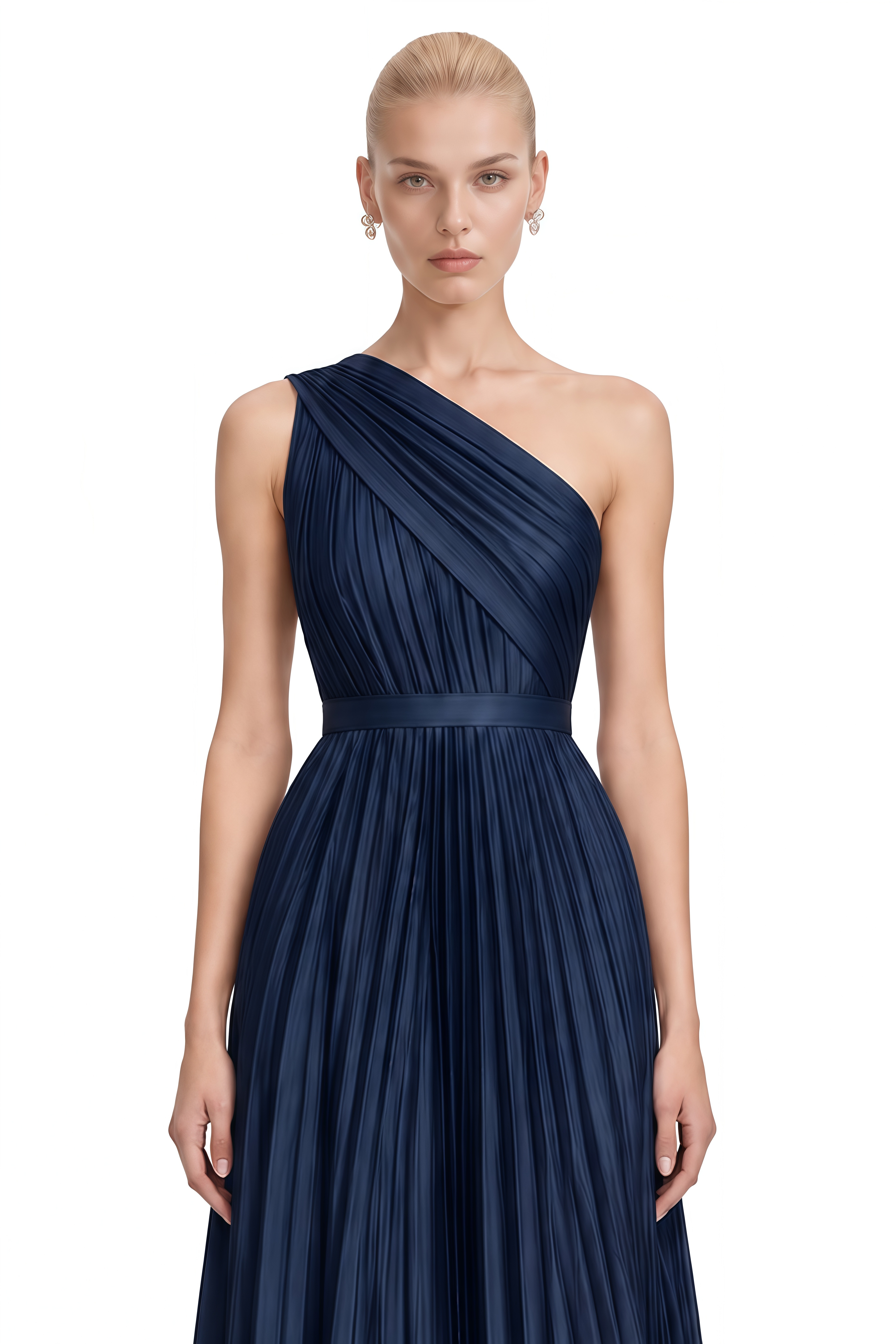 Margaux Navy Asymmetrical Draped Midi Dress