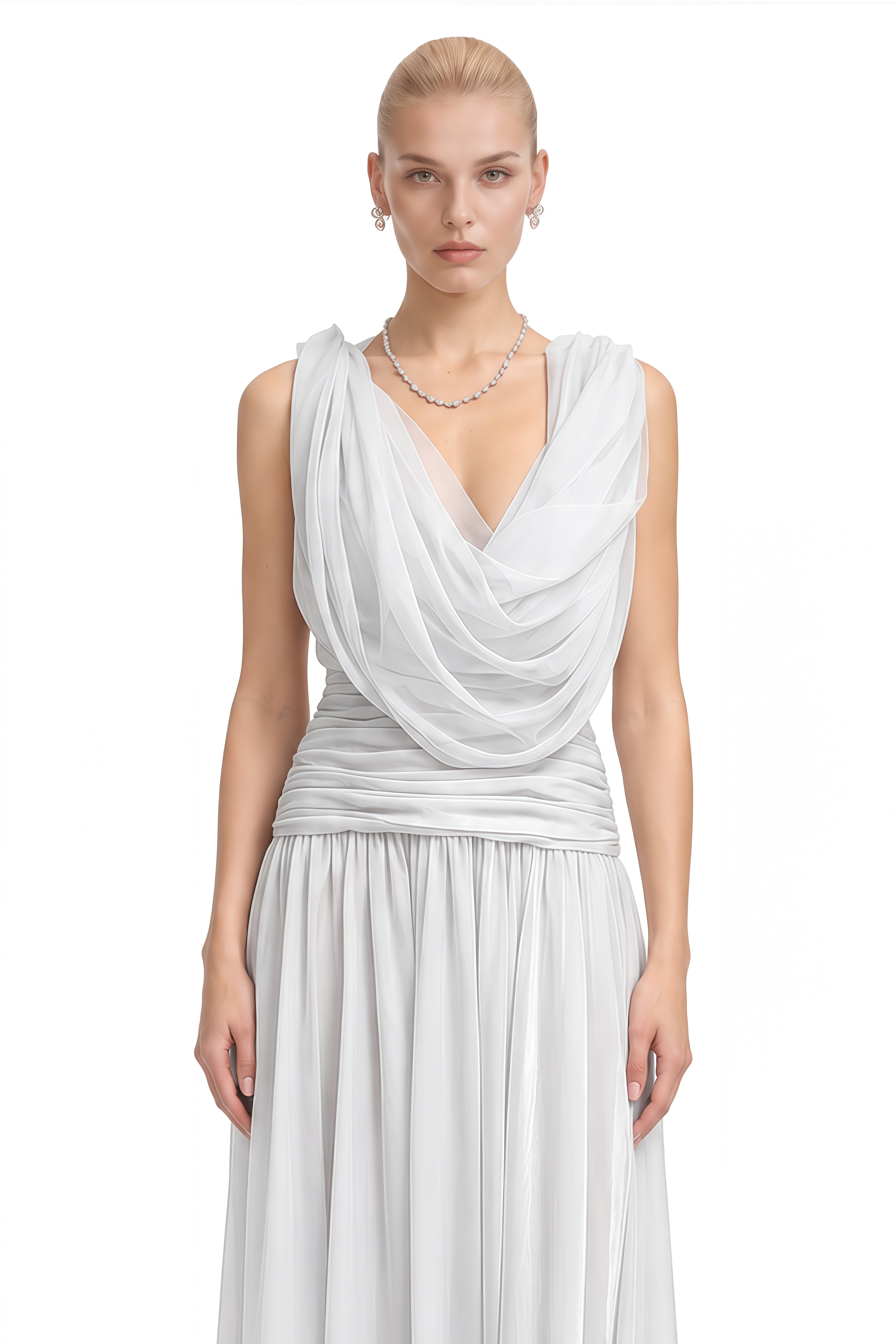 Ivy White Sleeveless Draped Maxi Dress