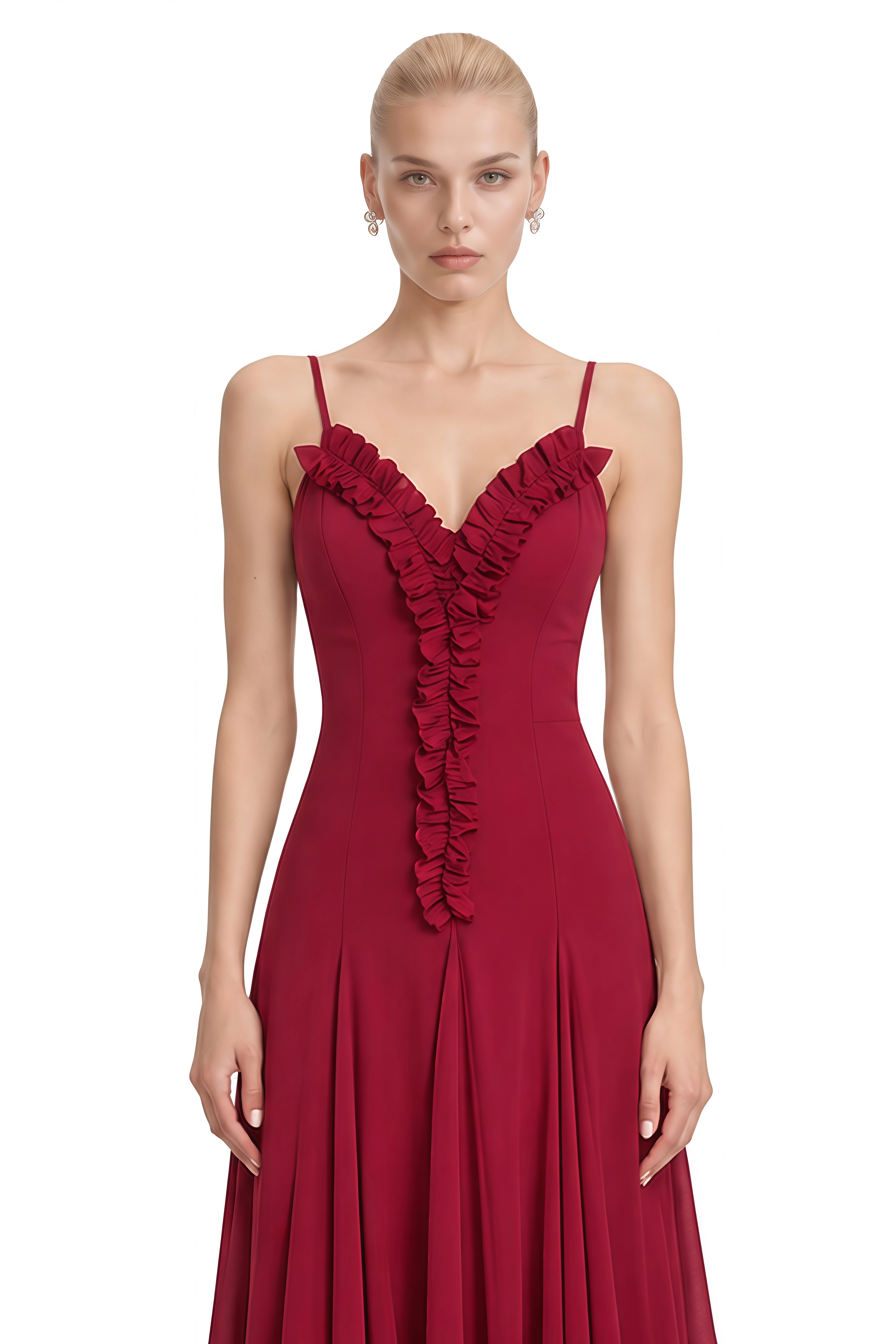 Ophelia Burgundy Ruffled Trim V-Neck Midi Dress