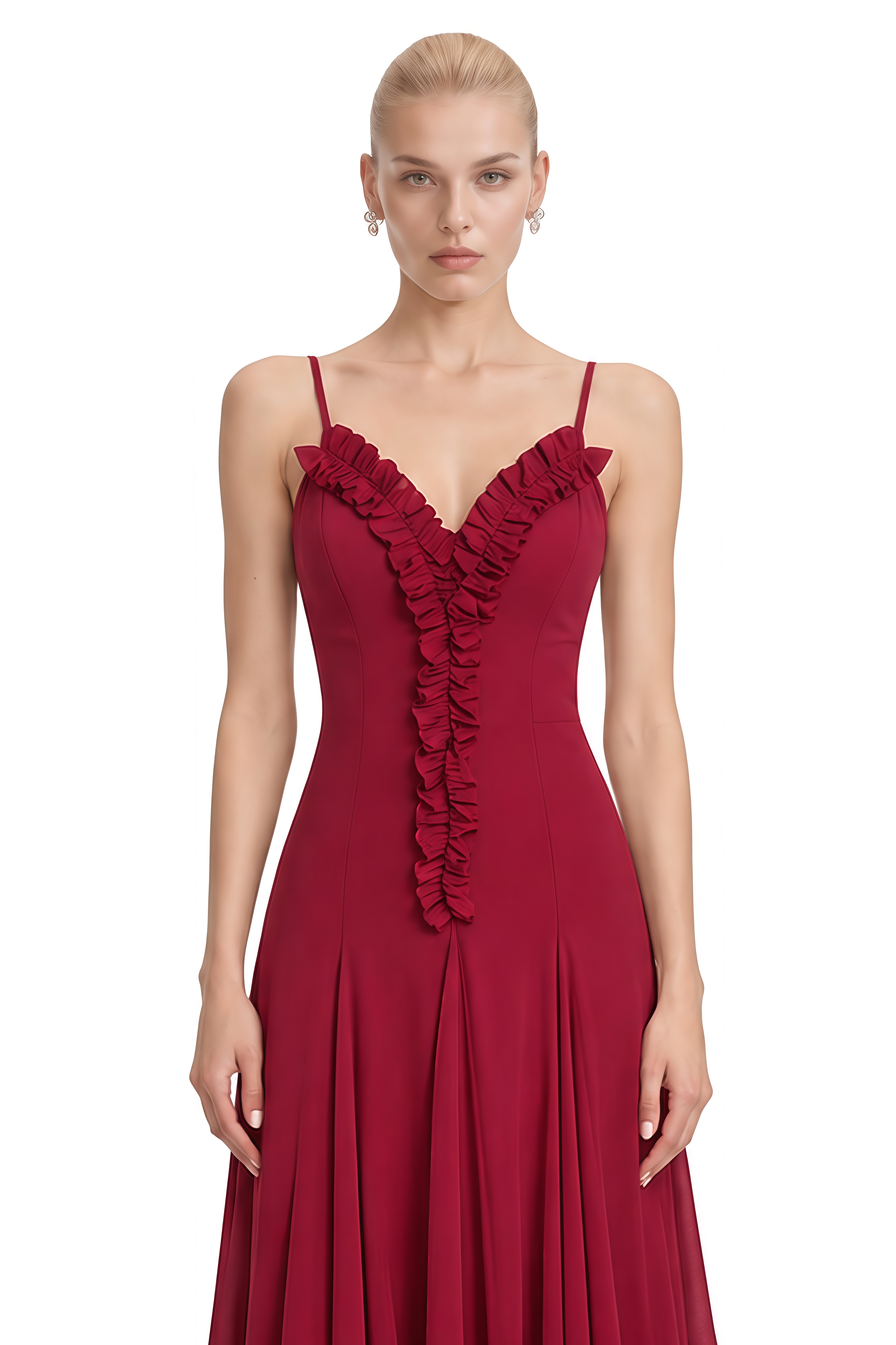 Ophelia Burgundy Ruffled Trim V-Neck Midi Dress