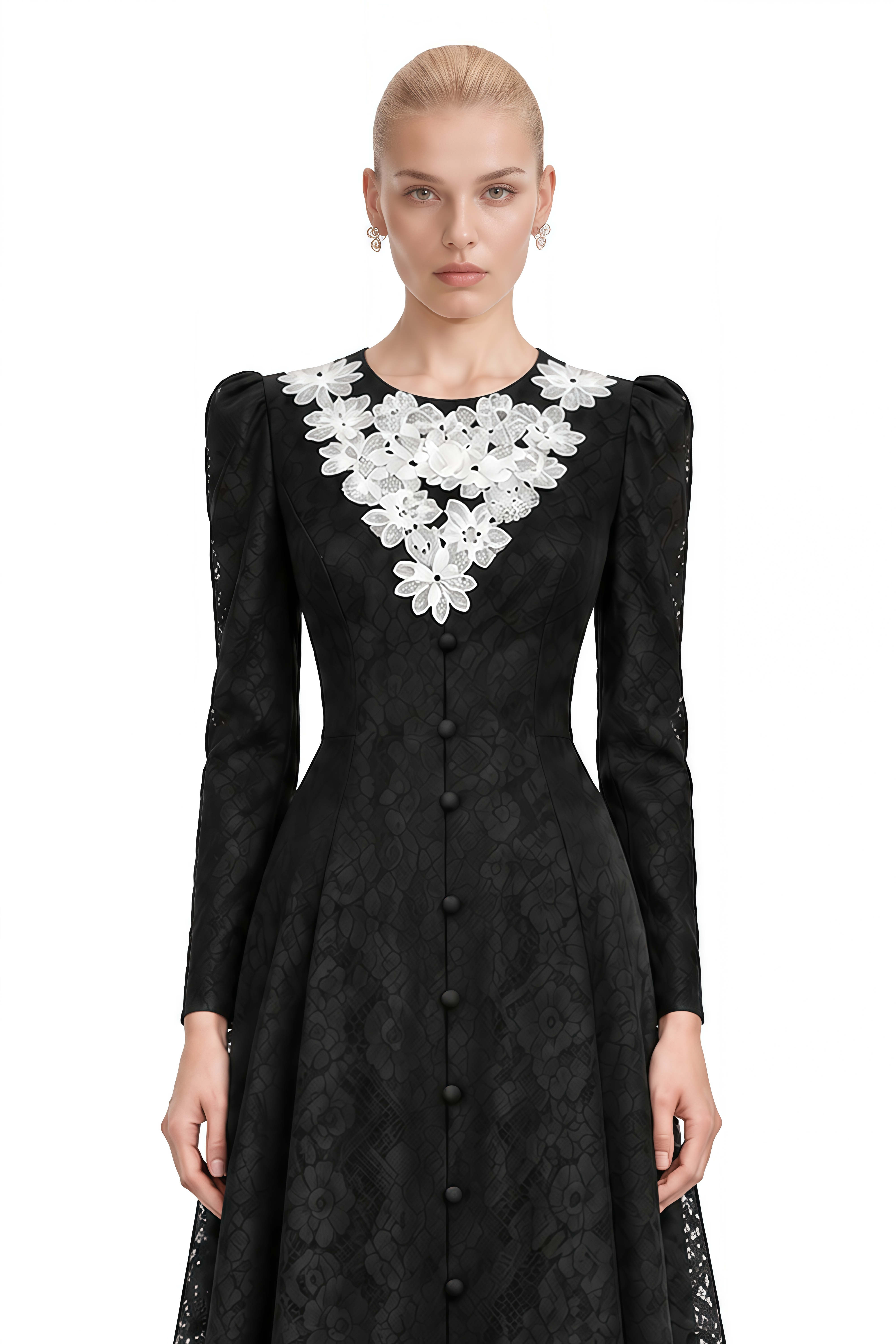 Poppy Black Round Neck Floral Appliqué Maxi Dress