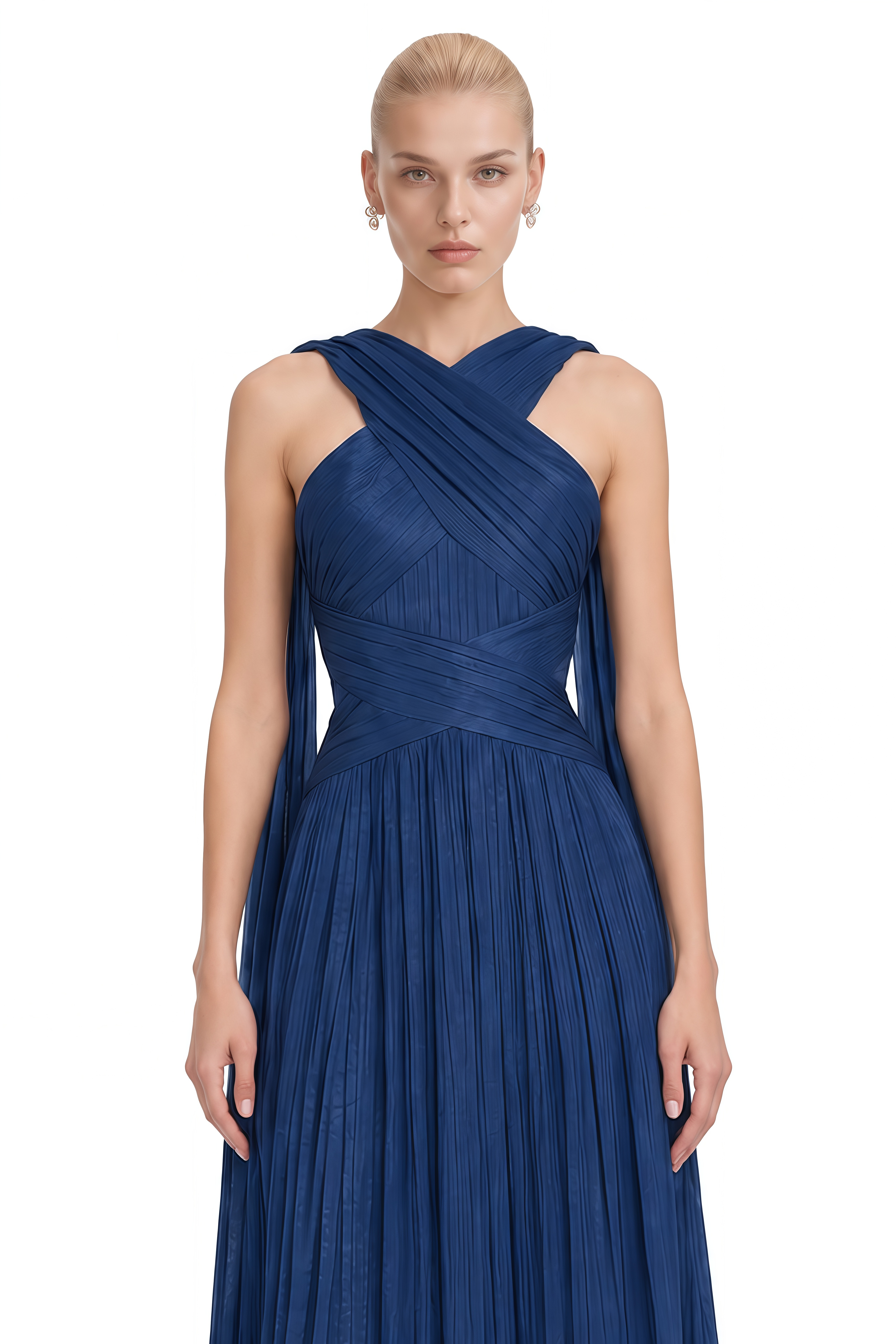 Josie Navy Crossed Pleated Flowing Maxi Dress