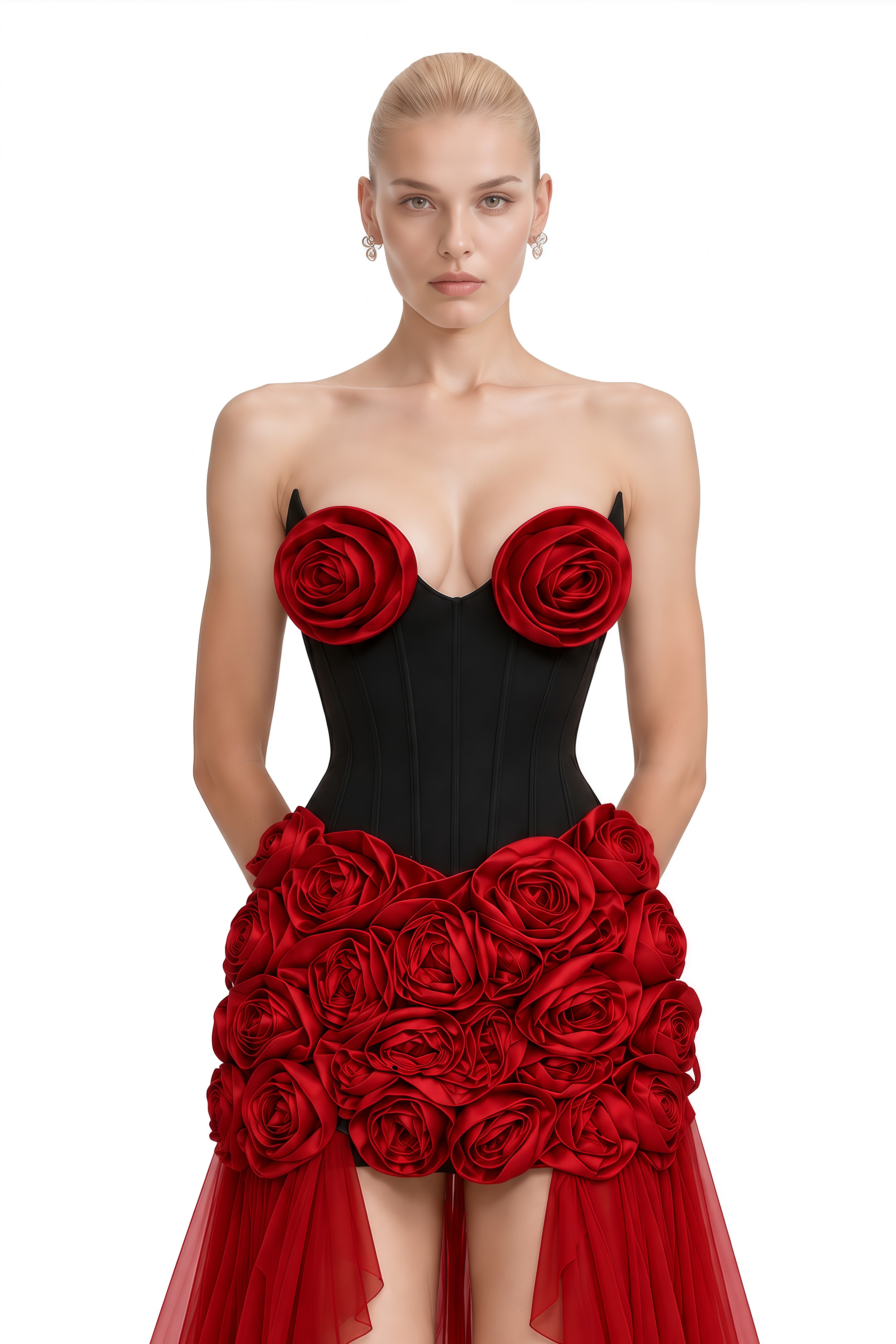 Julian Red 3D Floral High-Low Maxi Dress