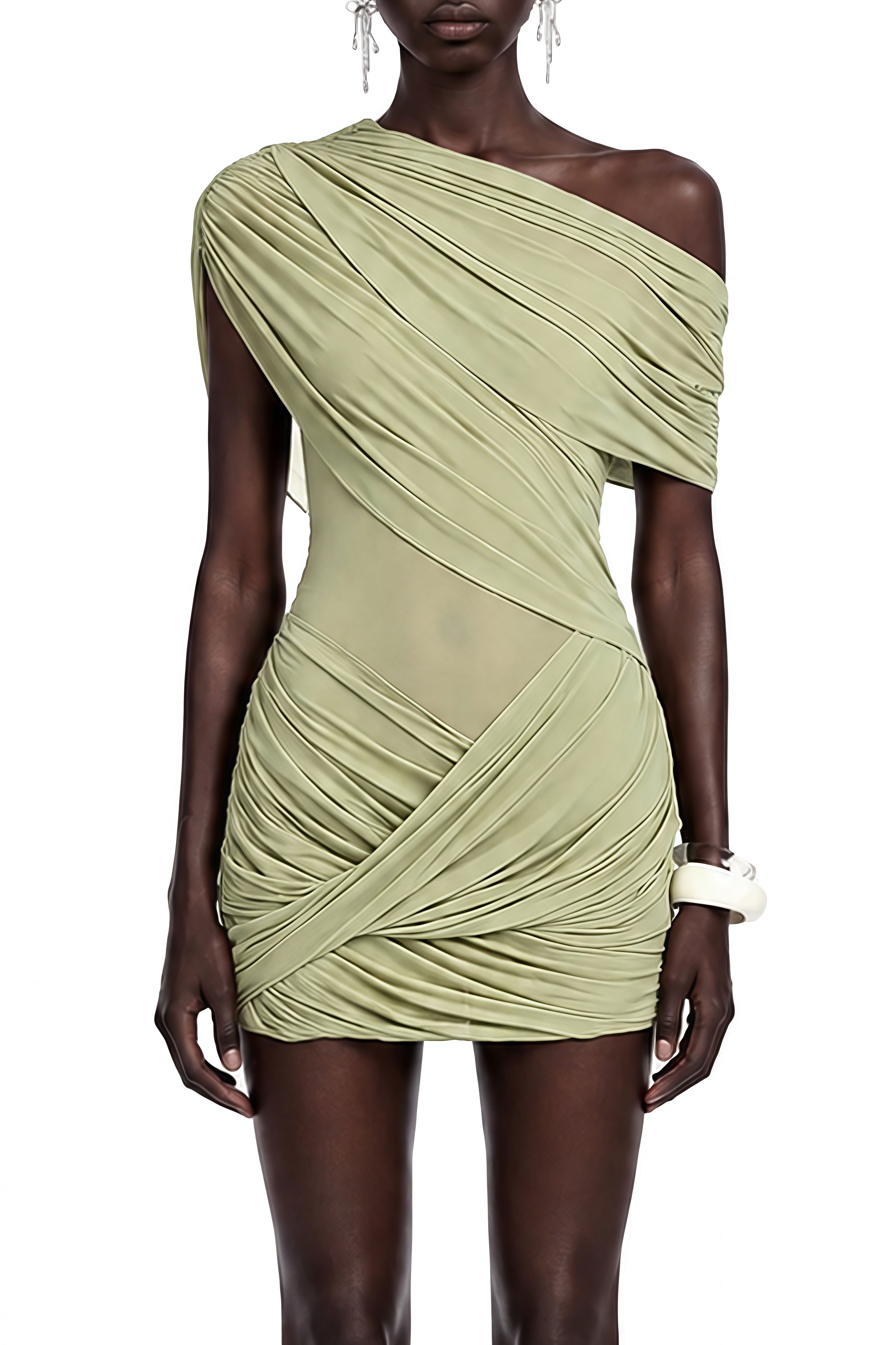 Imogen Green One Shoulder Ruched Mini Dress