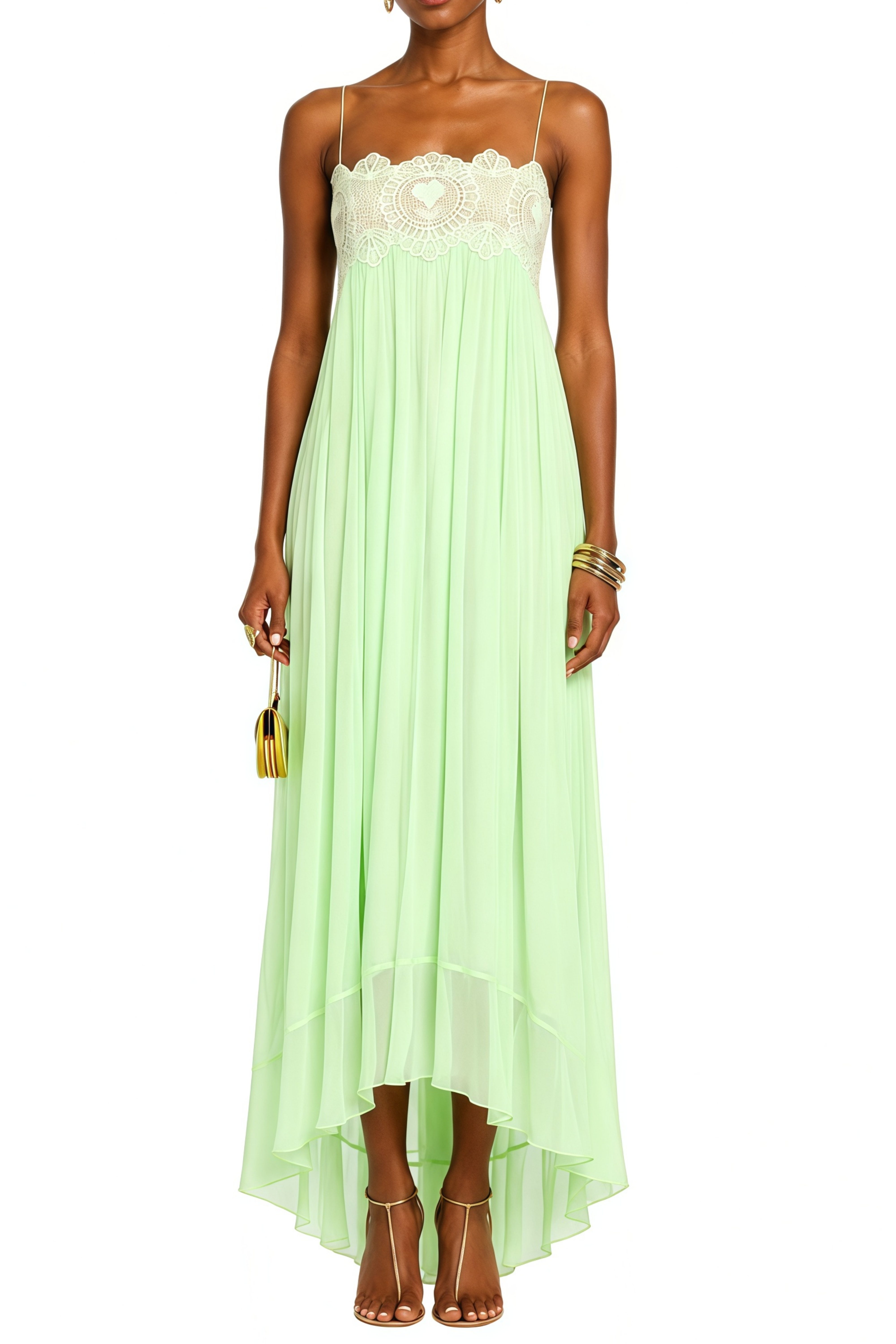 Barbara Green Lace Panel Pleated Maxi Dress