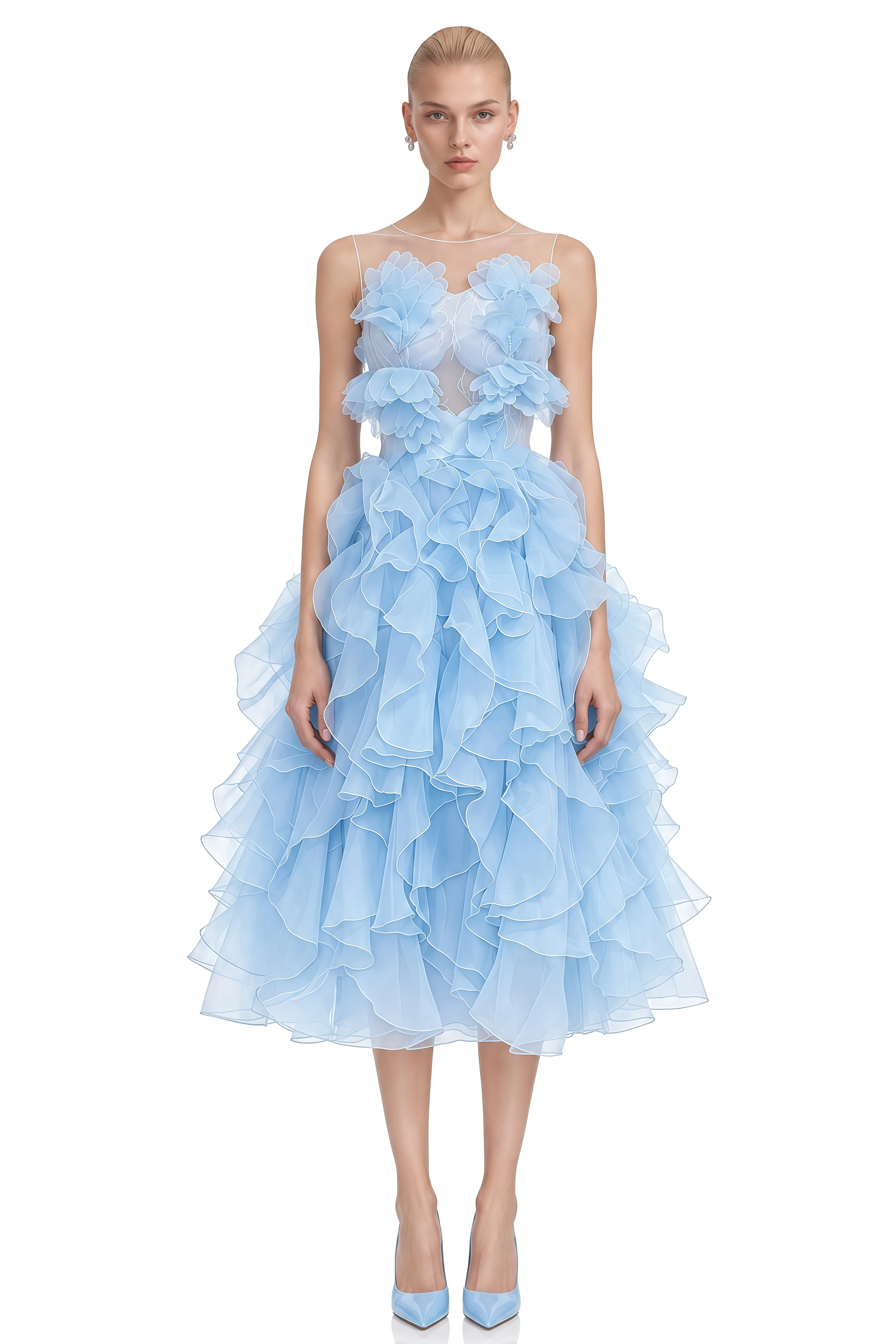 Manon Blue Sleeveless Floral Appliqué Midi Dress