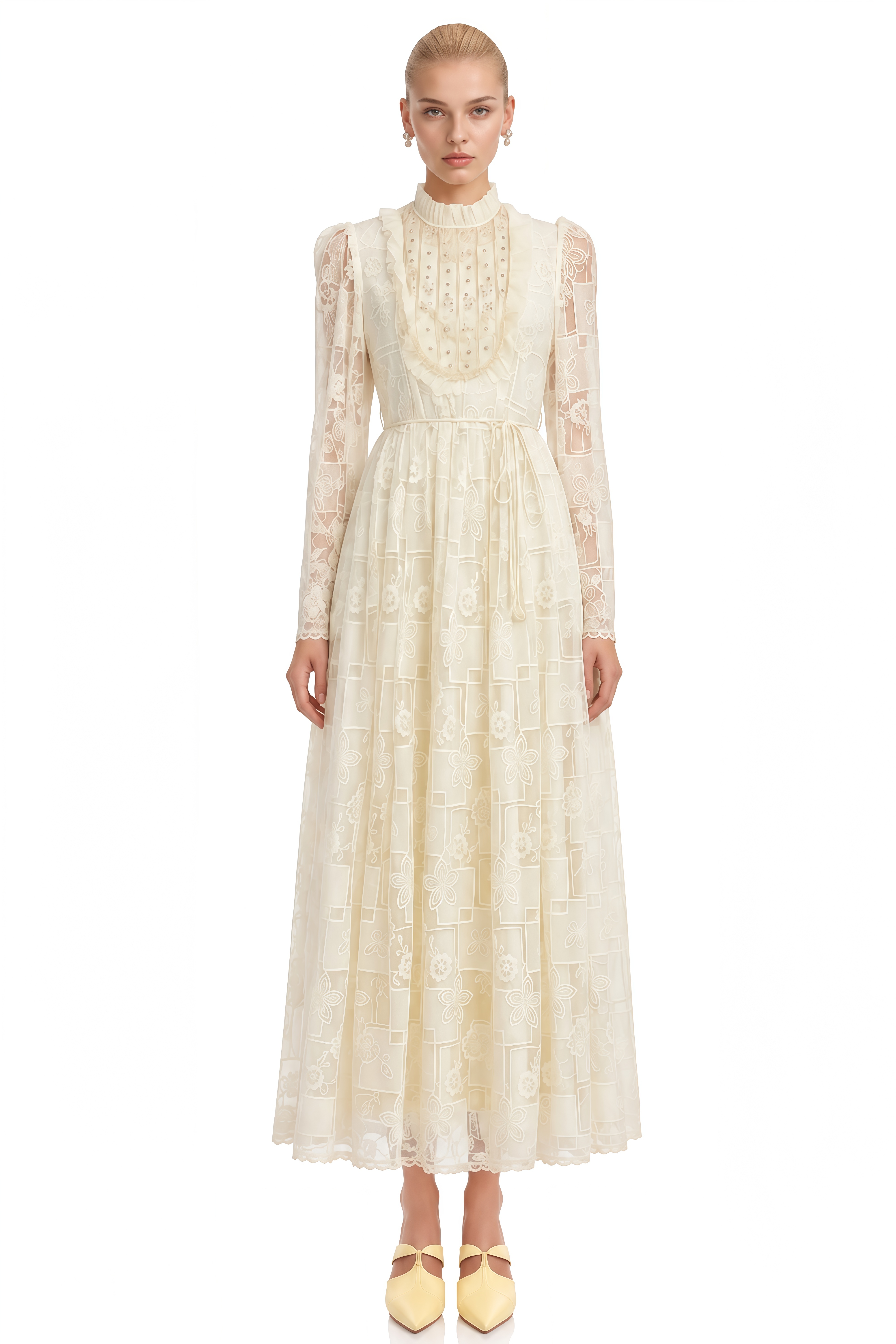 Clover Neutral Turtleneck Lace Maxi Dress