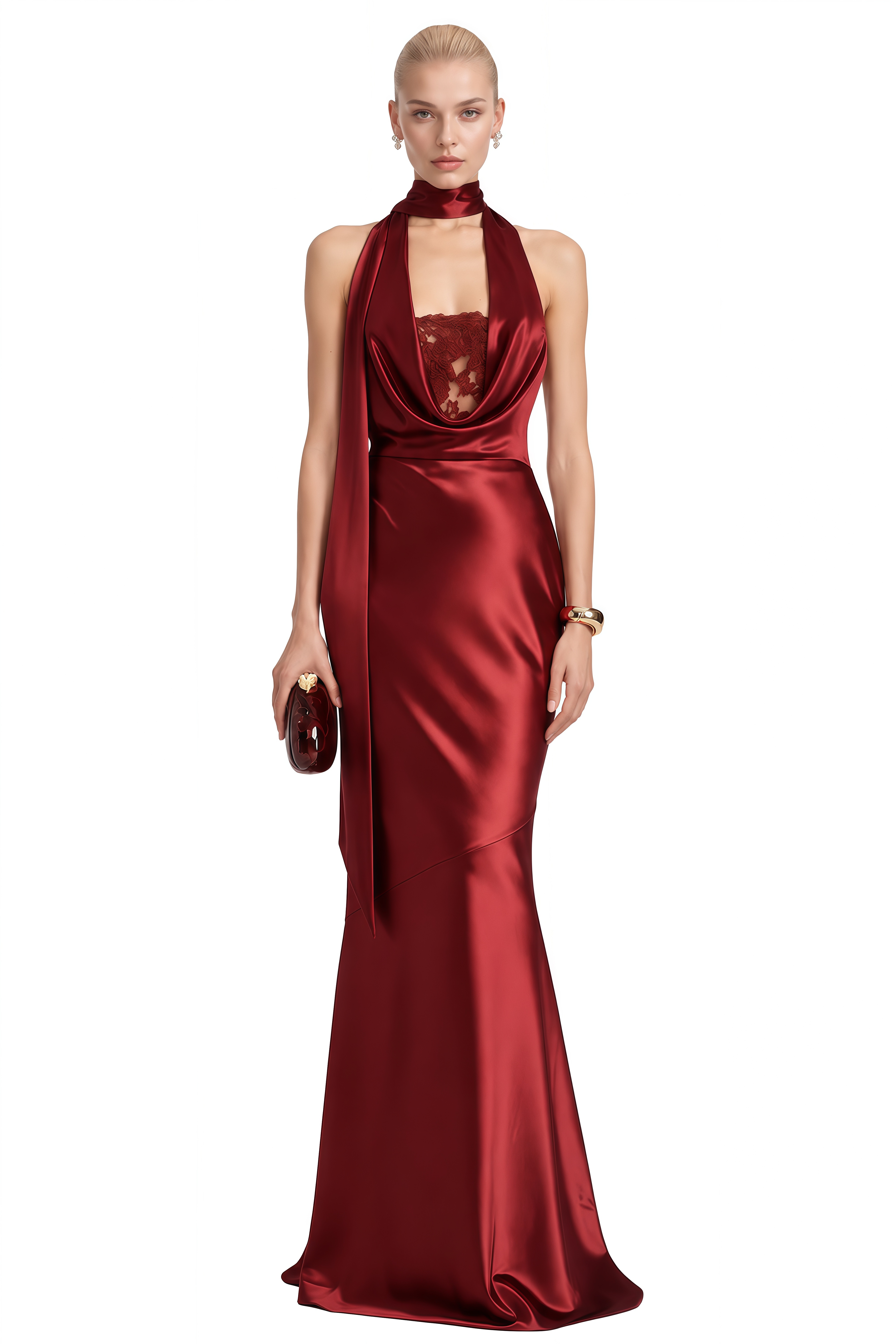Emmeline Burgundy Halterneck Lace Maxi Dress