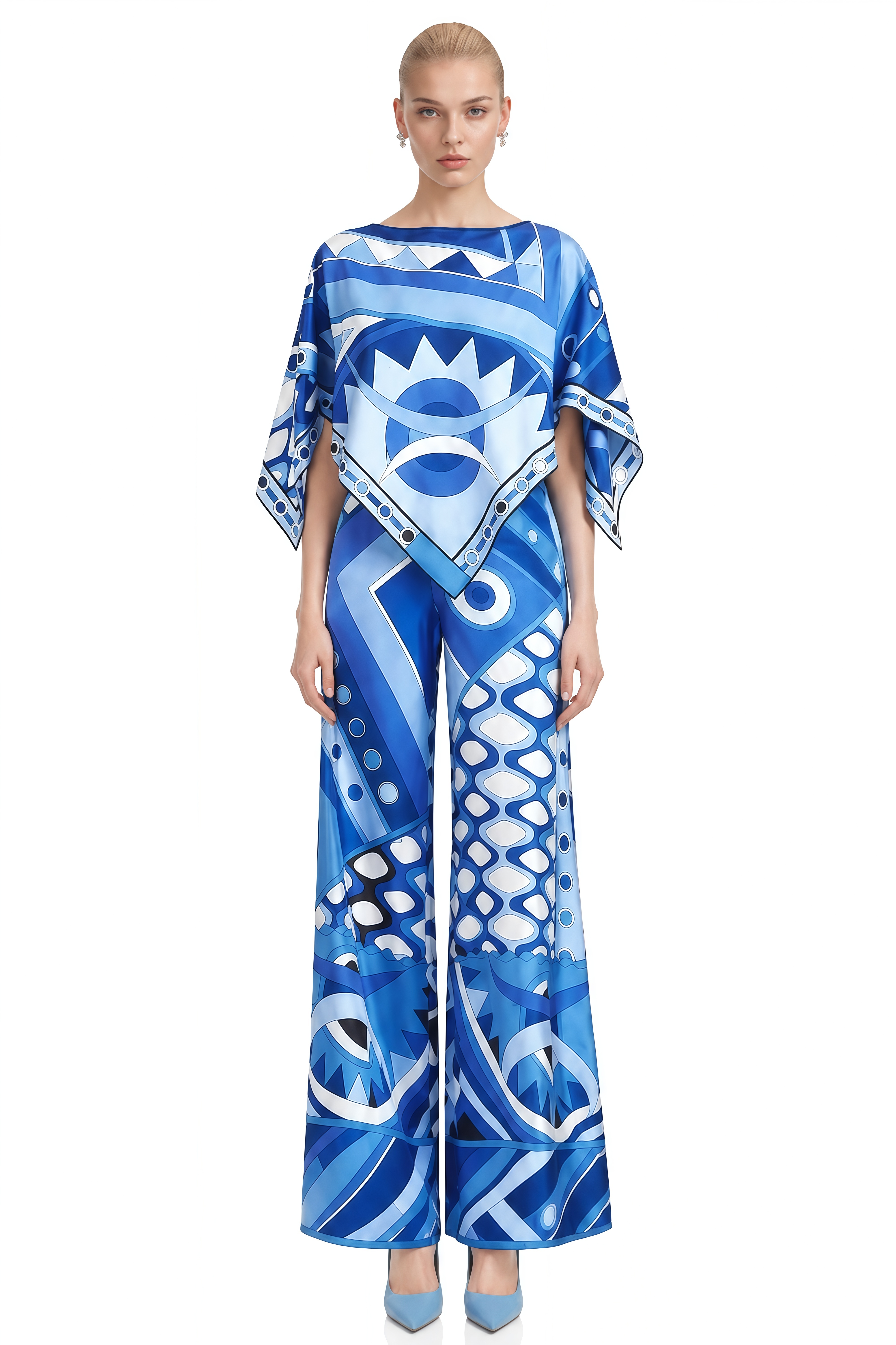 Thalia Blue Round Neck Abstract Print Top & Trousers Set