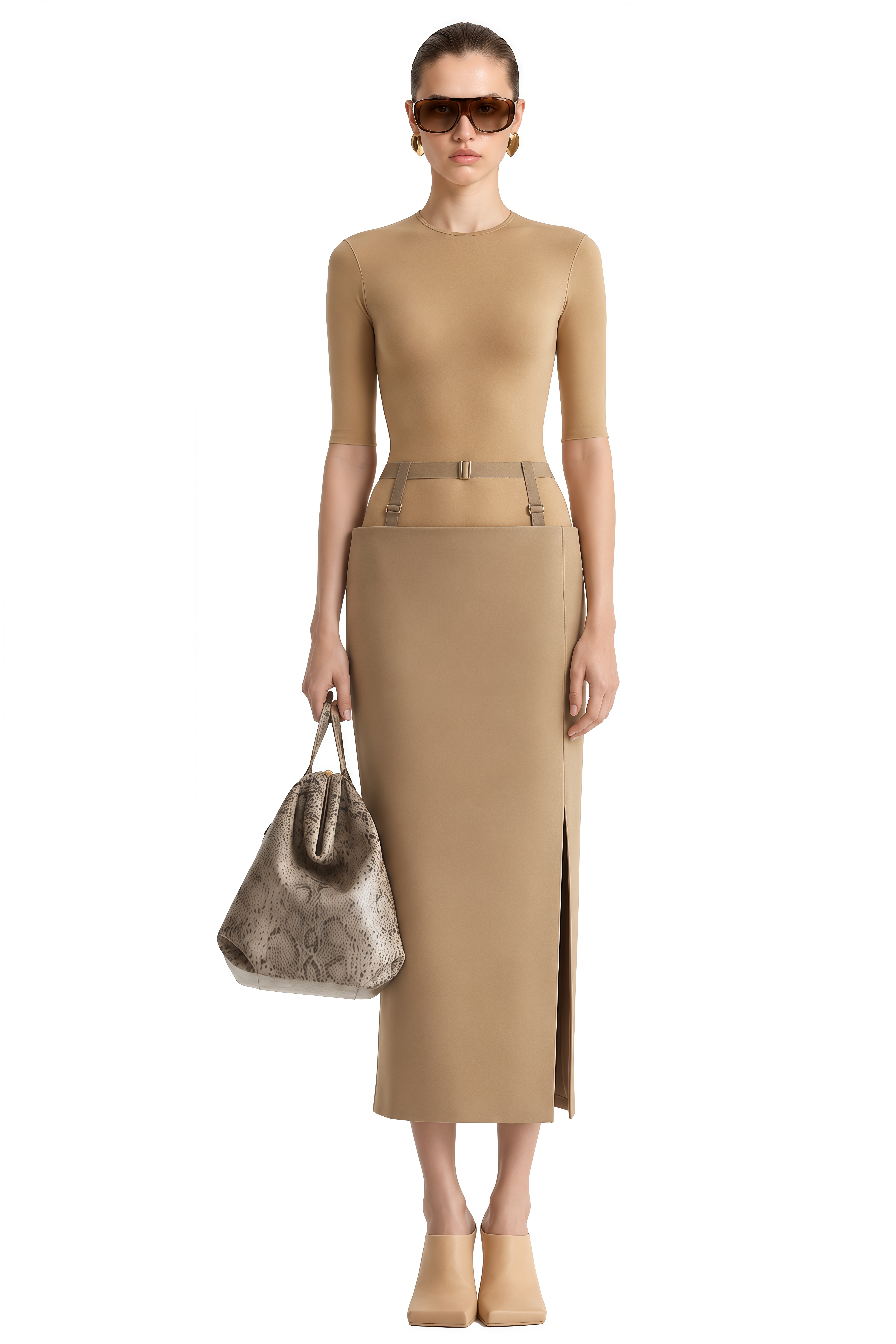 Cordelia Beige Round Neck Slit Top & Skirt Set