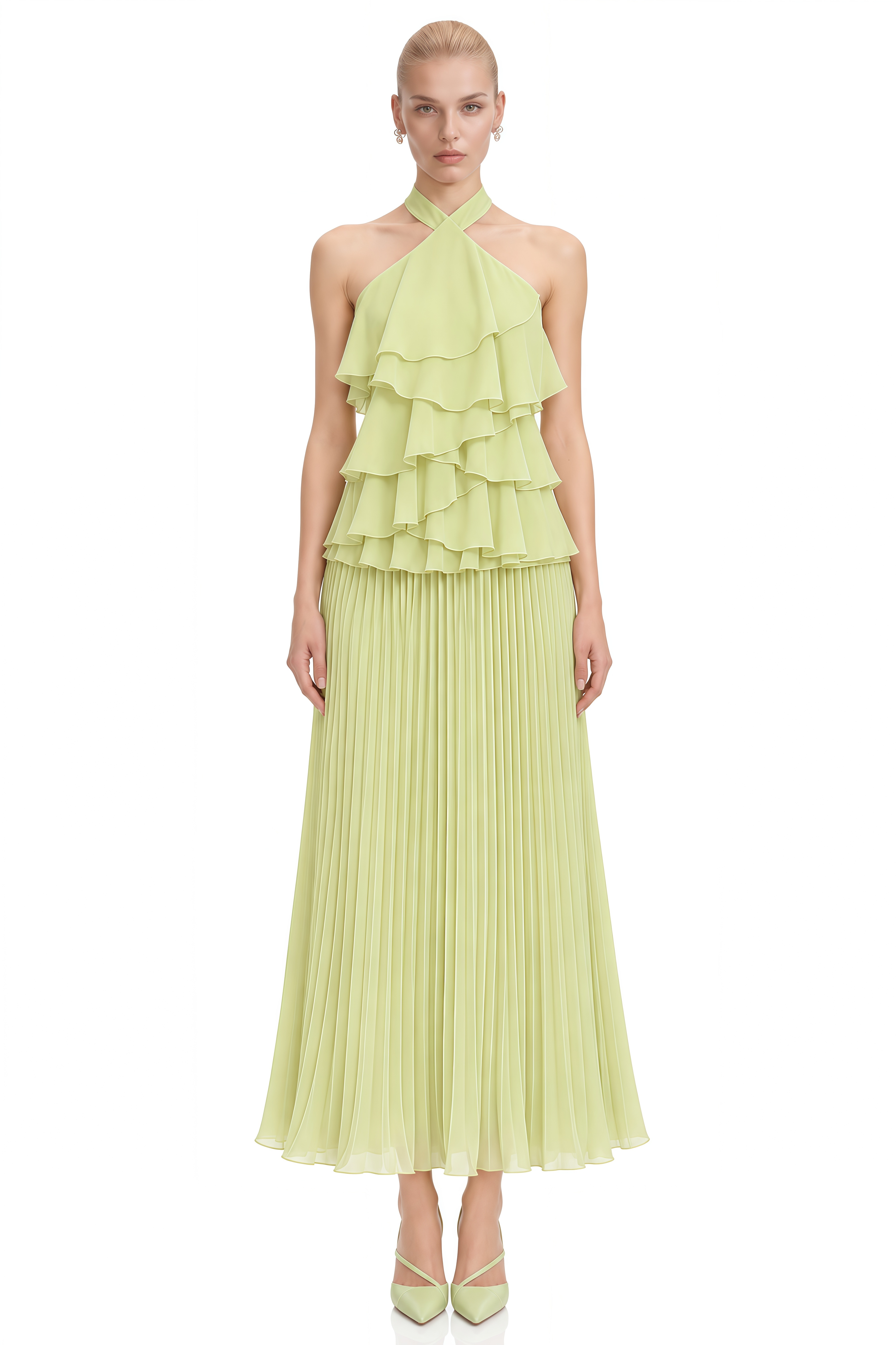 Ivy Green Halterneck Layered Ruffle Maxi Dress