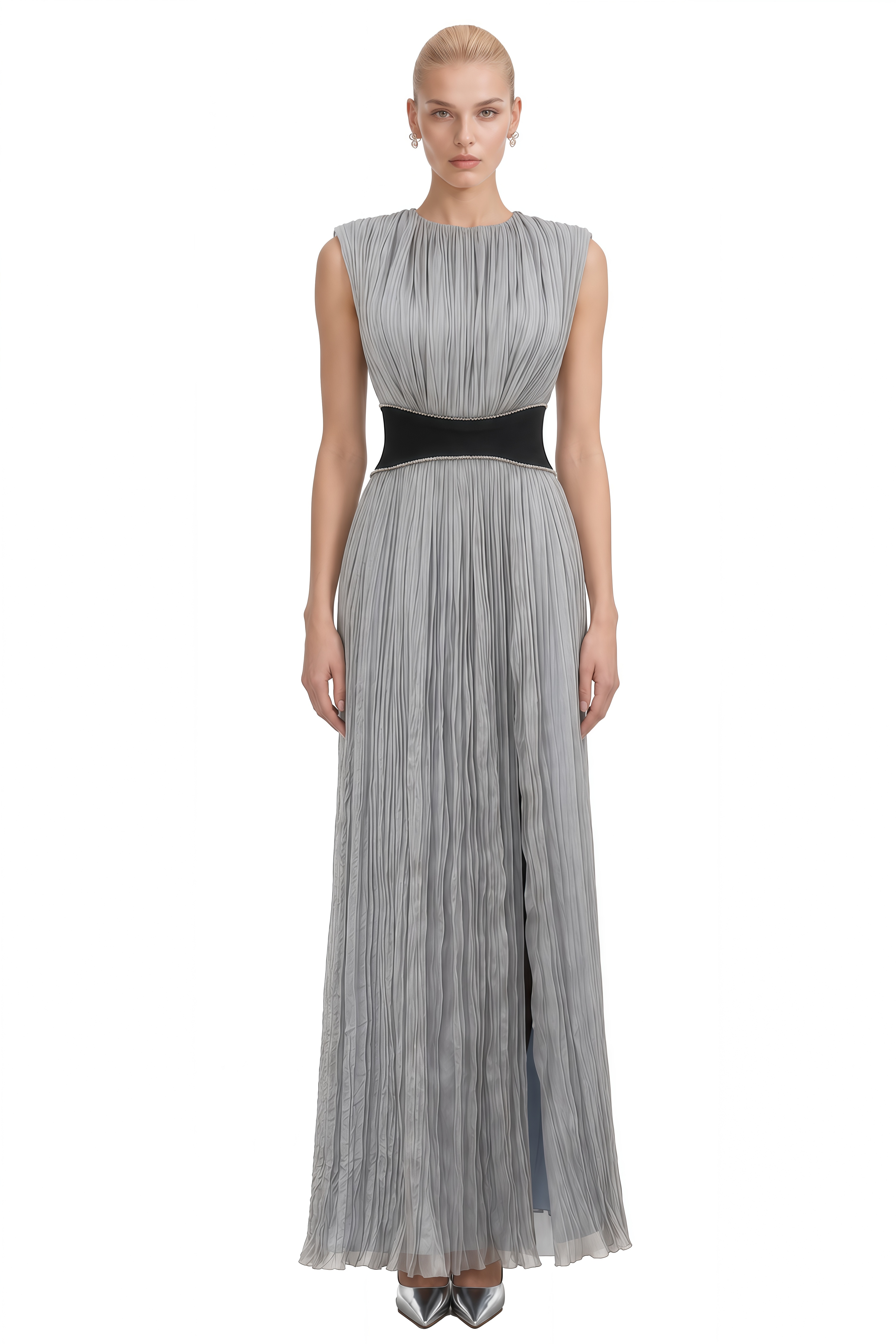 Luna Silver Grey Round Neck Pleated Maxi Dress