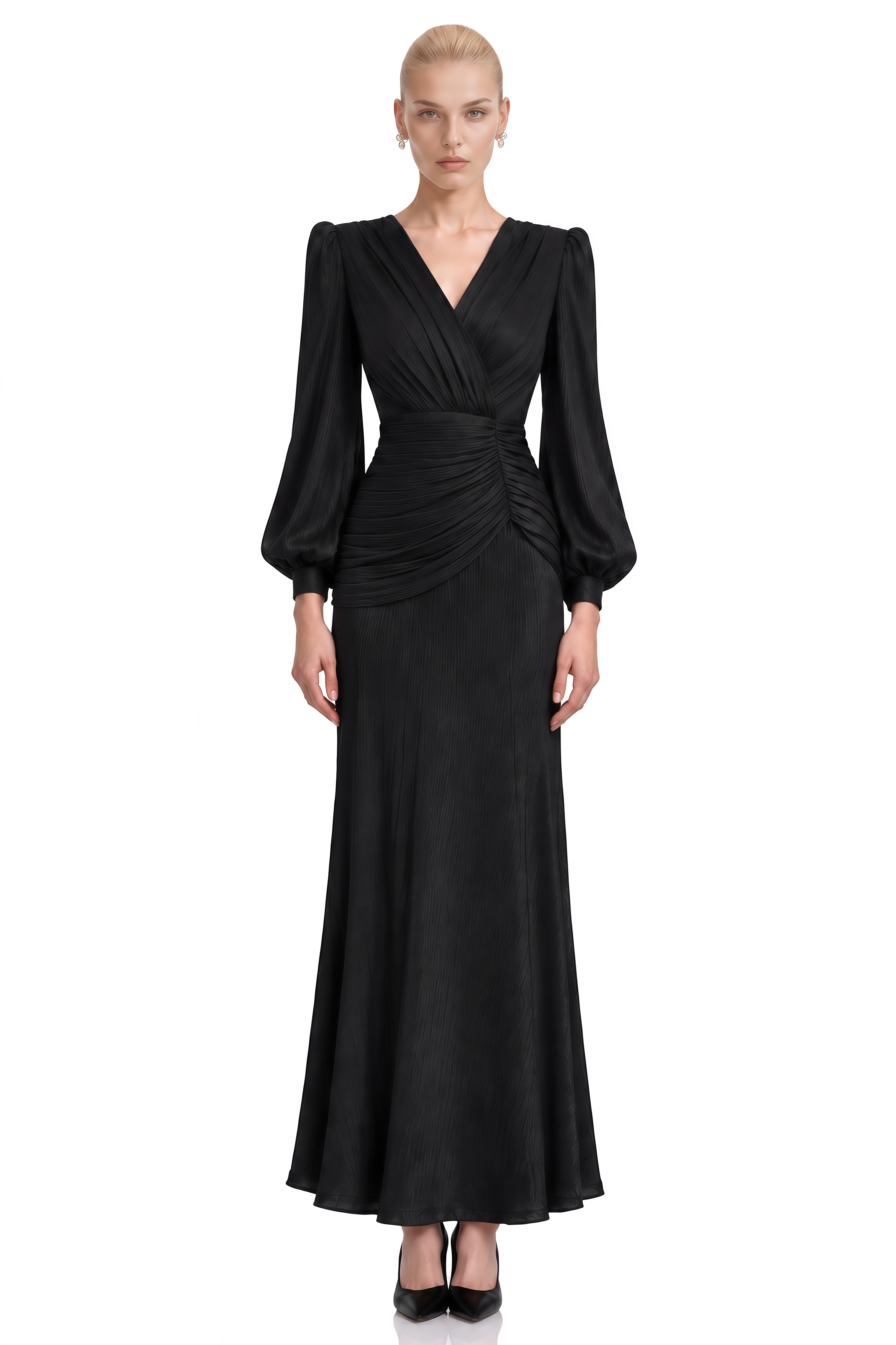 ‌Isolde Black Asymmetrical Ruched Maxi Dress