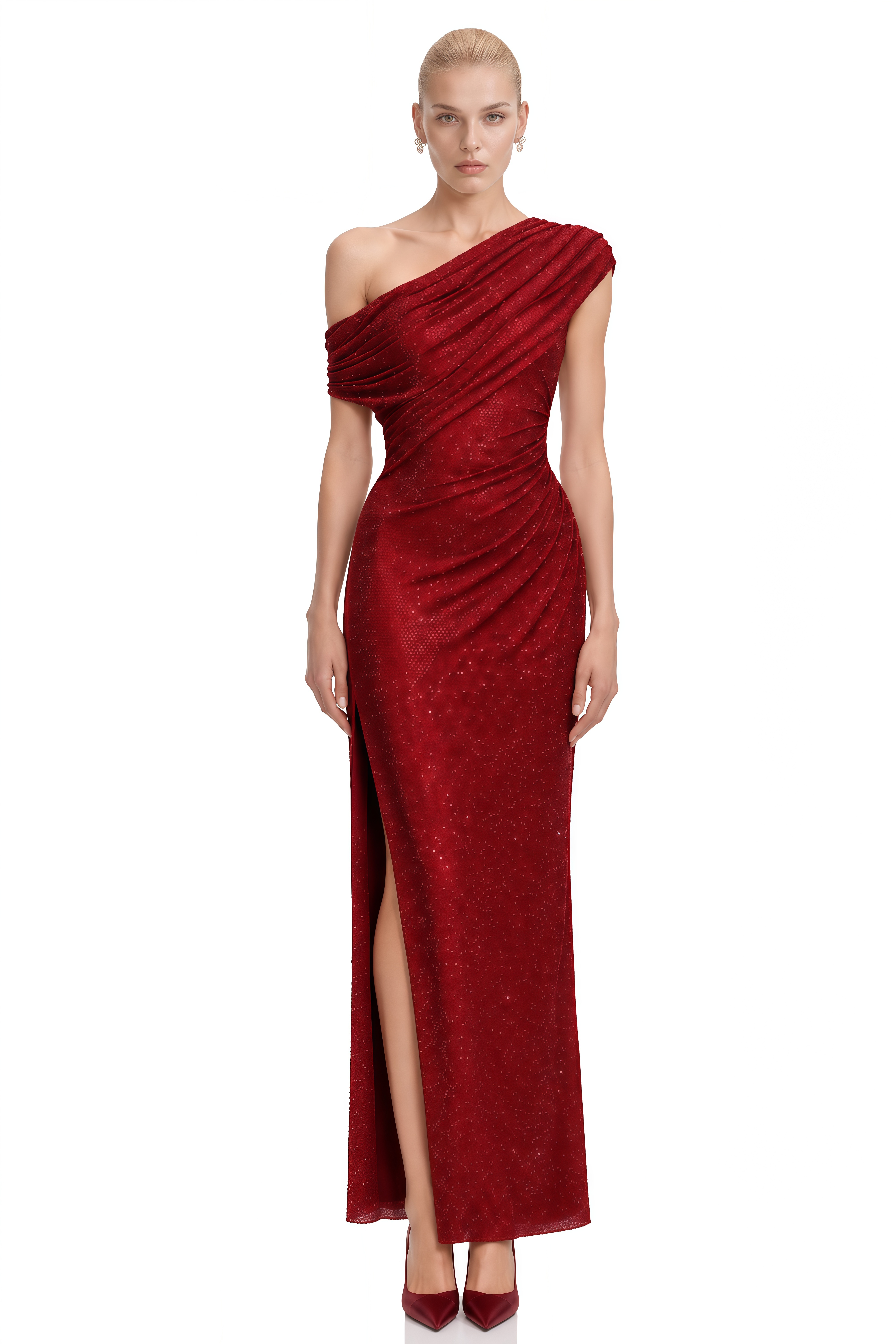 Theodore Burgundy One-Shoulder Sequin Maxi Dress