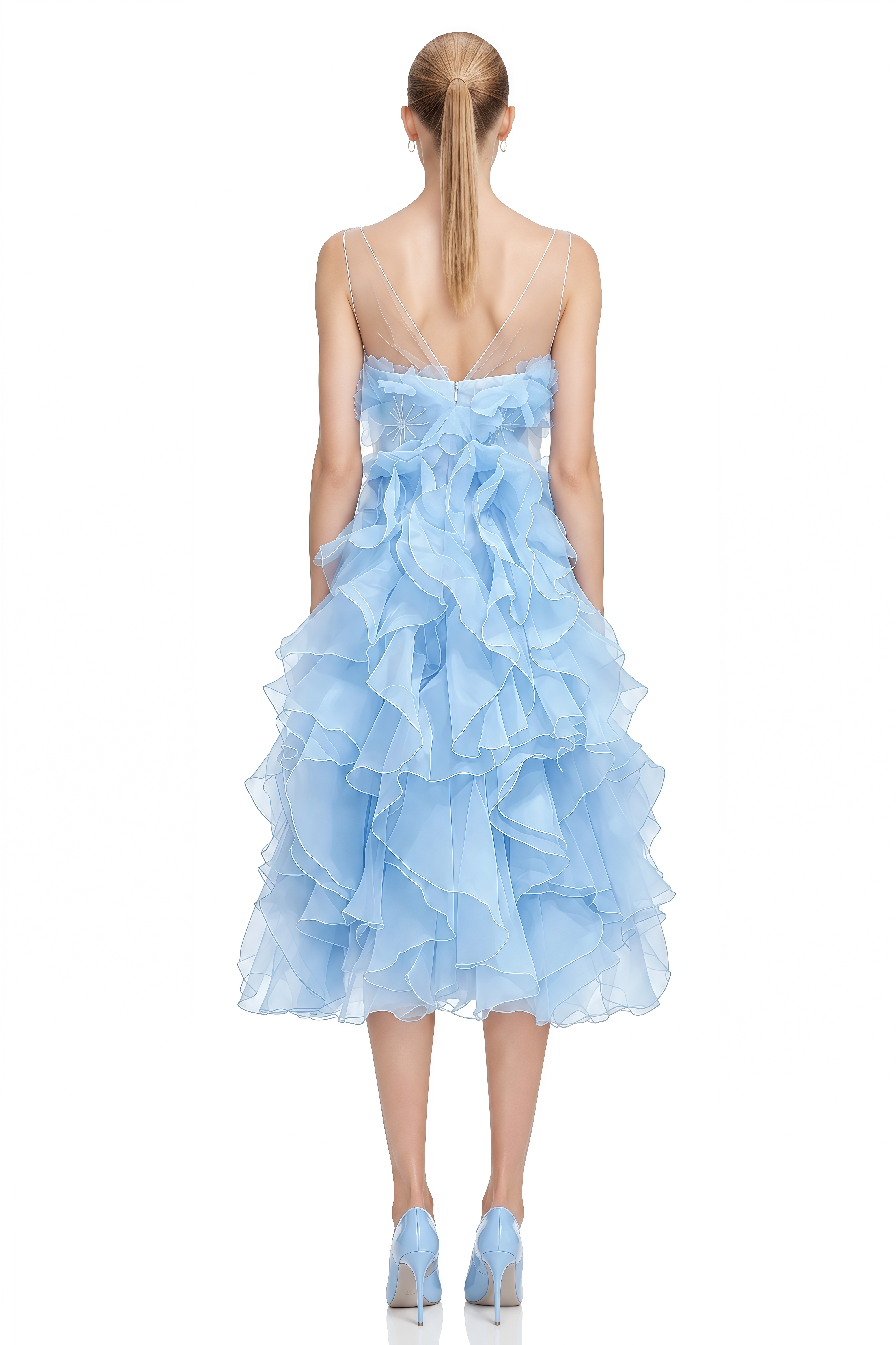 Manon Blue Sleeveless Floral Appliqué Midi Dress