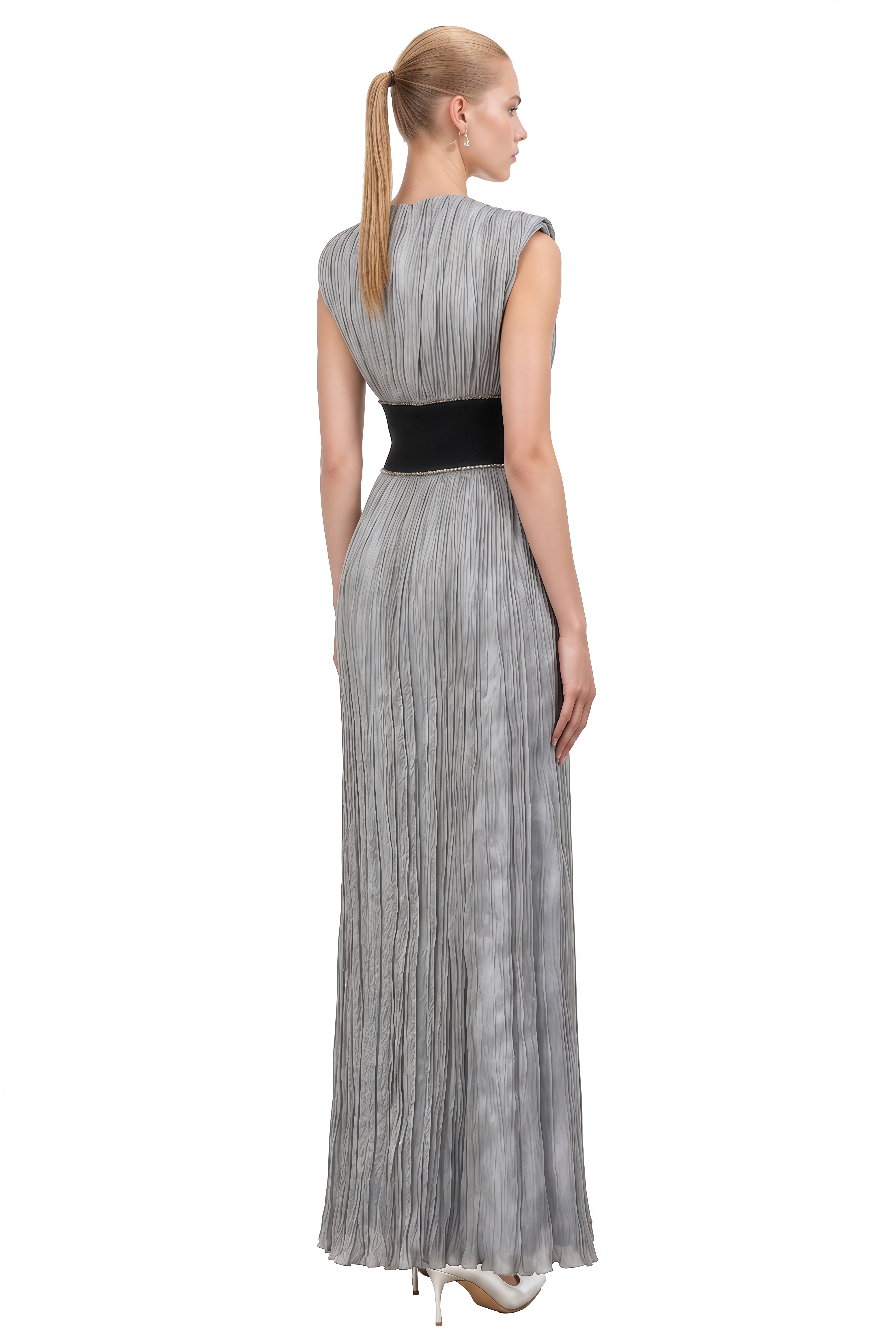 Luna Silver Grey Round Neck Pleated Maxi Dress